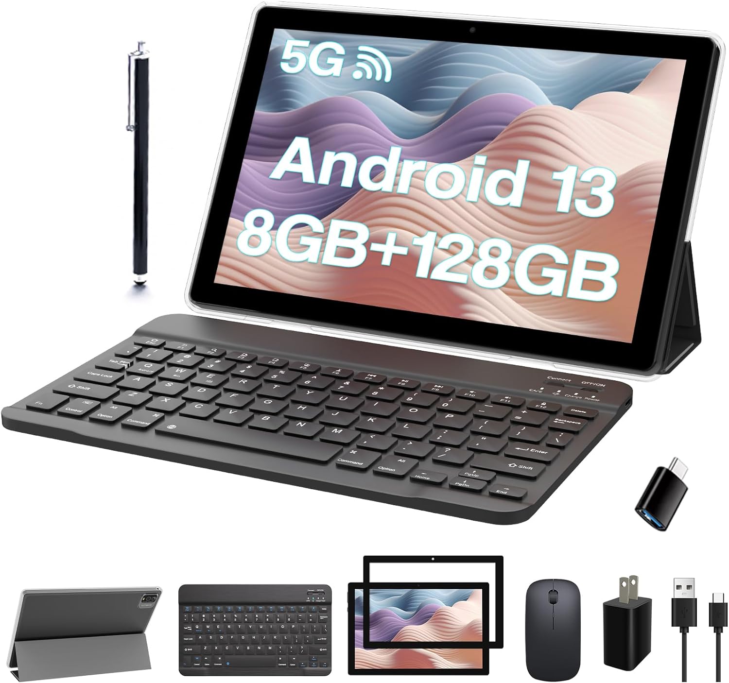 2 in 1 Tablet 10 inch, Android 13 Tablet with Keyboard, 8GB RAM 128GB ROM, 2.4G/5G WiFi, Computer Tablet with Case, Mouse, Stylus, Powerful CPU, 6000mah Battery Tableta PC