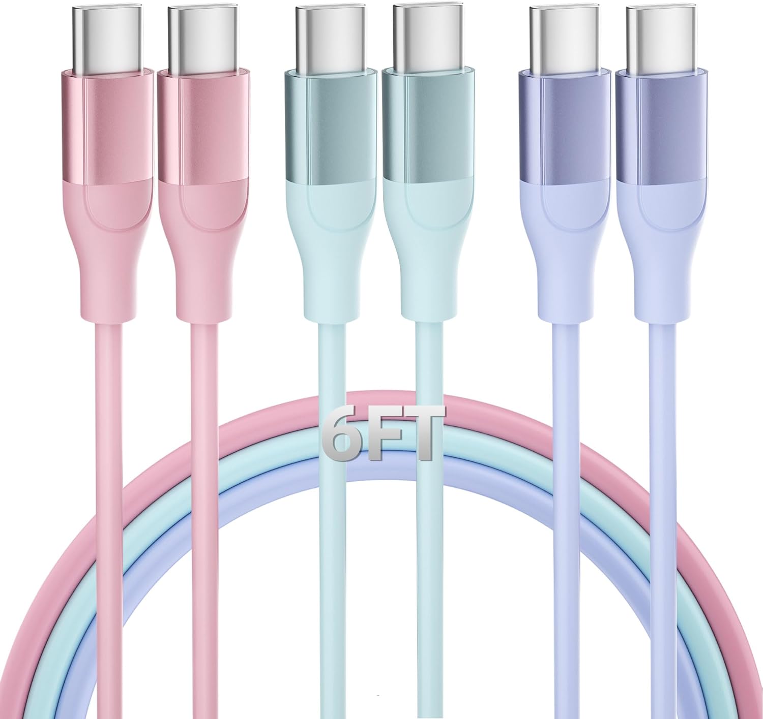 60W USB C Charger Cable 3 Pack 6FT USB C to USB C Cable PD Type C Fast Charging Cord for iPhone 15 Pro Plus iPad MacBook Samsung Switch LG and More