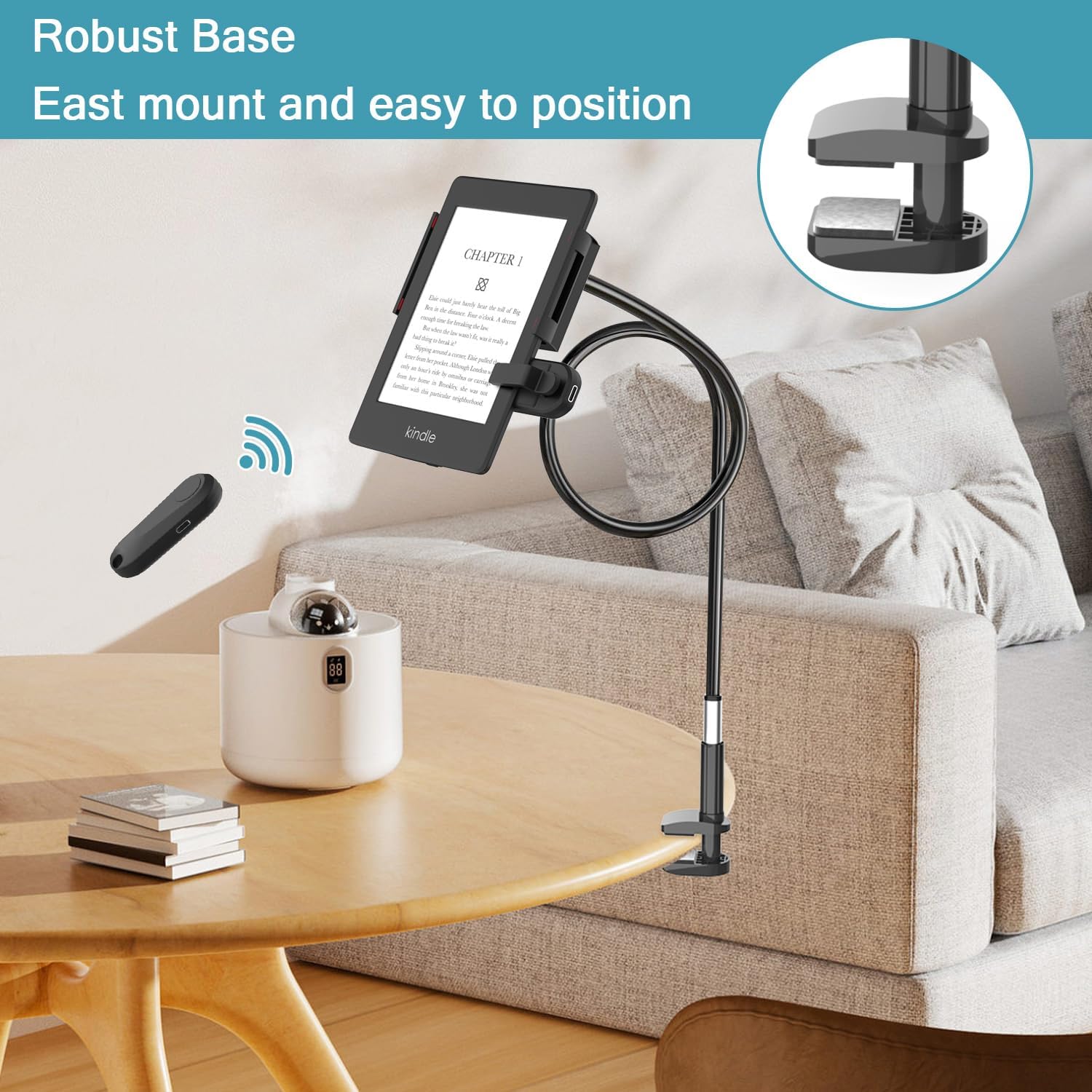 Gooseneck Tablet Holder for Kindle Reading in Bed with Remote Page Turner, Hands Free Lazy Arm Stand for Kindle Accessories, Gifts for Readers
