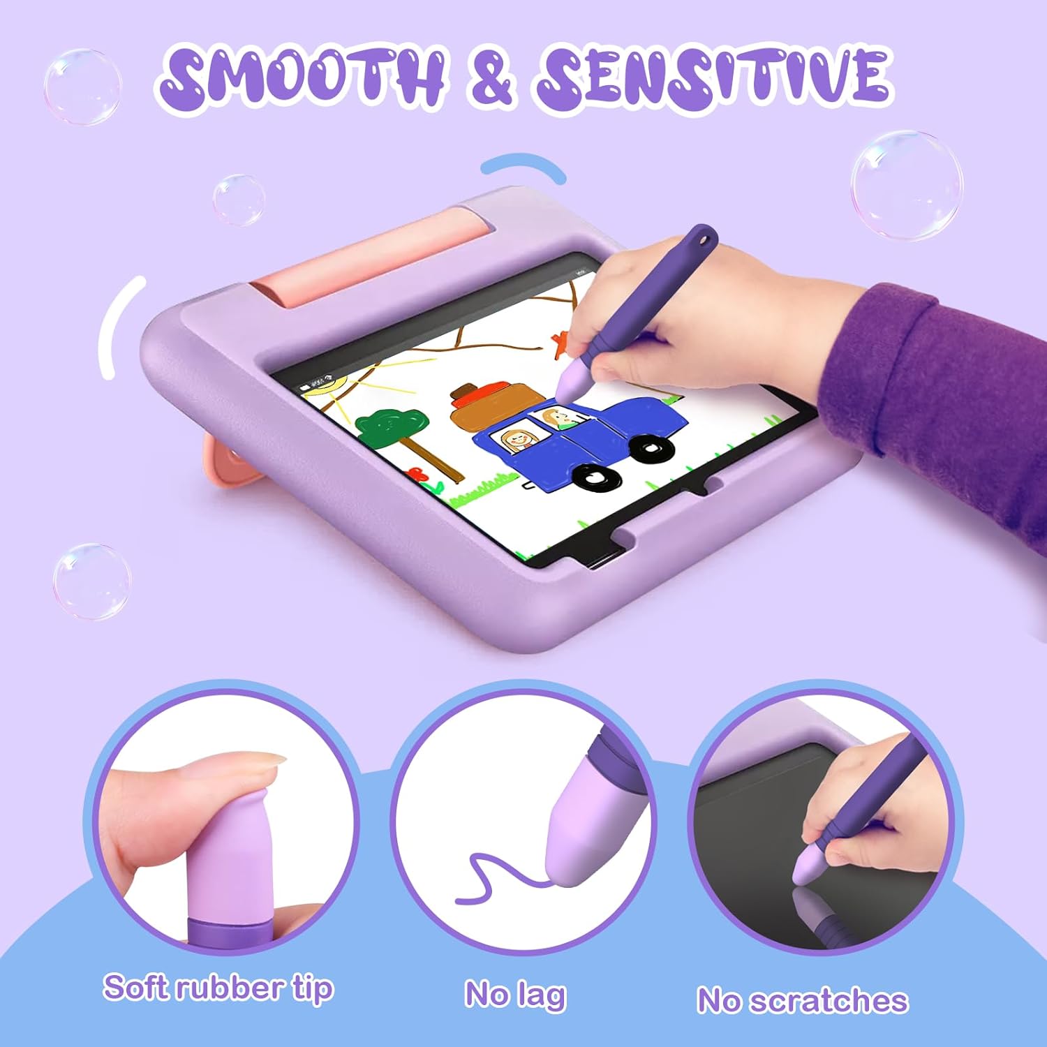 Kid-Friendly Stylus Pens for Touch Screens with Tethers - Mixoo Anti-Rolling Tablet Stylus 2 Pack for Kids, Compatible with iPad, iPhone, Tablets, Kindle and All Touch Screen Devices (Blue+Purple)