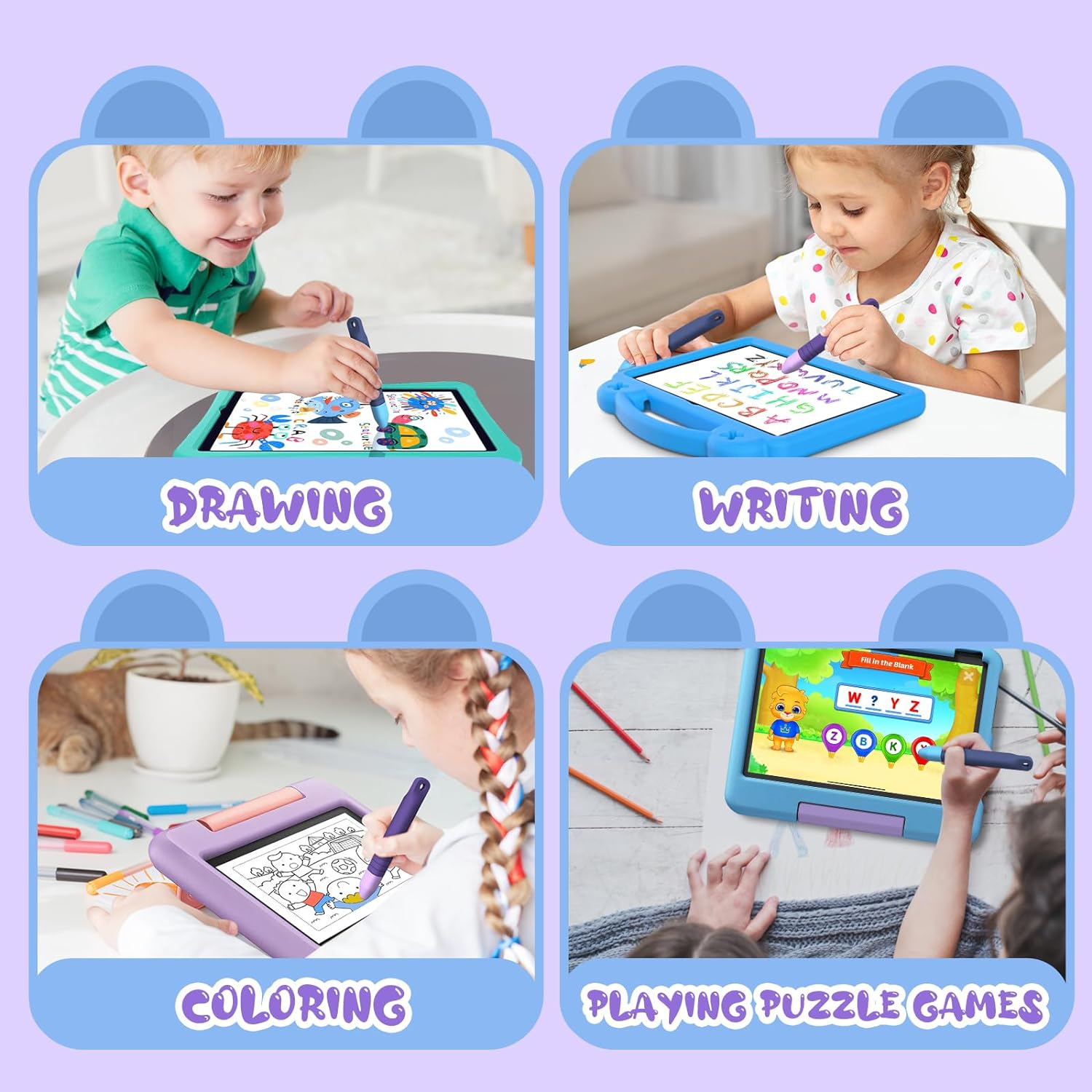 Kid-Friendly Stylus Pens for Touch Screens with Tethers - Mixoo Anti-Rolling Tablet Stylus 2 Pack for Kids, Compatible with iPad, iPhone, Tablets, Kindle and All Touch Screen Devices (Blue+Purple)