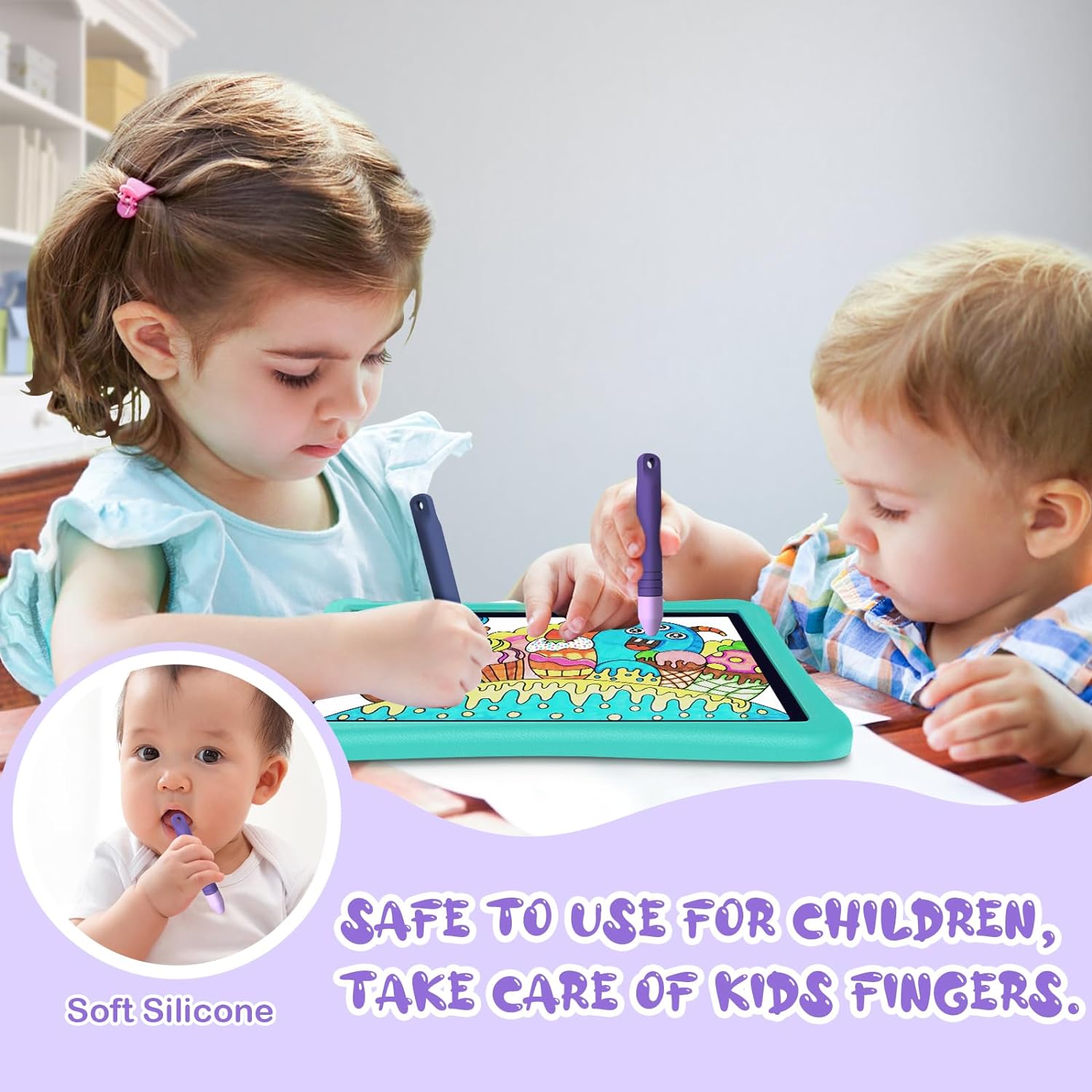 Kid-Friendly Stylus Pens for Touch Screens with Tethers - Mixoo Anti-Rolling Tablet Stylus 2 Pack for Kids, Compatible with iPad, iPhone, Tablets, Kindle and All Touch Screen Devices (Blue+Purple)
