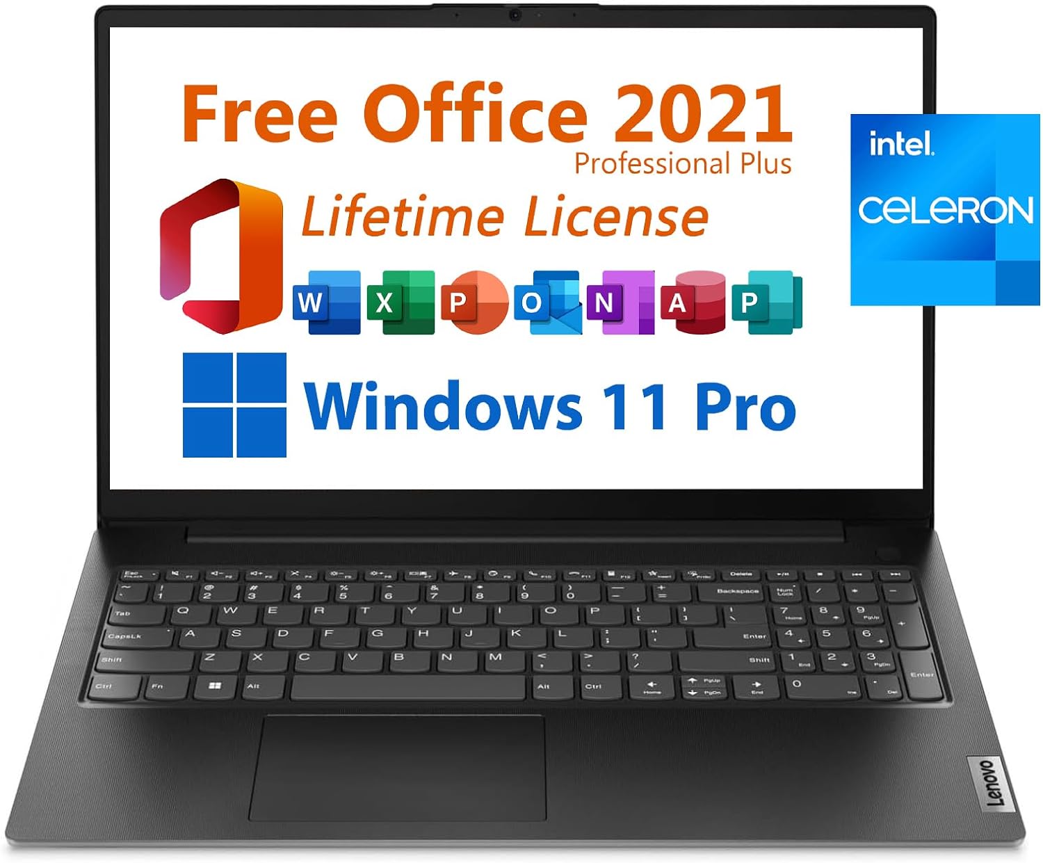 Lenovo V15 G2 Laptop, 15.6 FHD Display, Free Microsoft Office 2021 with Lifetime License, Dual-core Intel Celeron N4500, 8GB RAM, 256GB SSD, 6.5 Hours Battery Life, Windows 11 Pro, Black