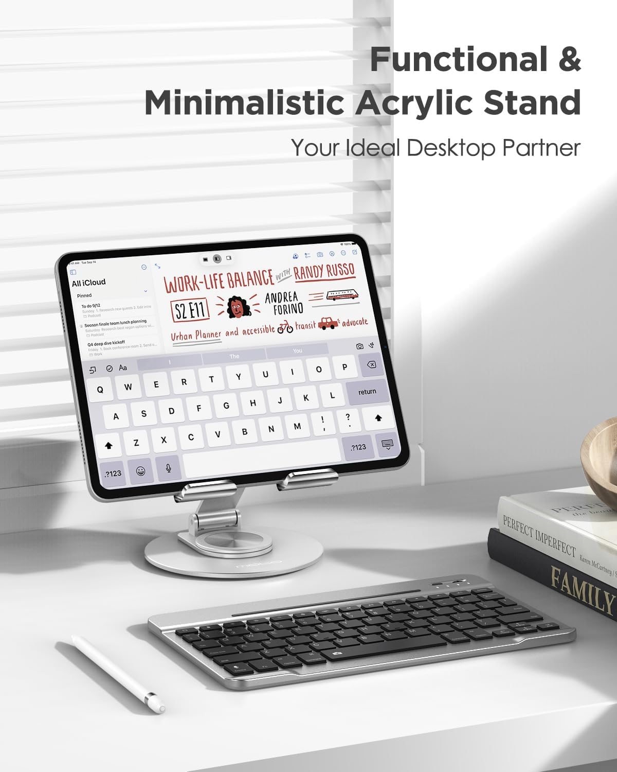 MoKo Acrylic Tablet Stand Holder - Adjustable iPad Stand with Aluminum 360° Rotating Base, Compatible with 4.7-12.9inch Device Such as iPad Pro 12.9, iPad Pro 11/10.9/10.2, iPad Air/Mini, Clear+Silver