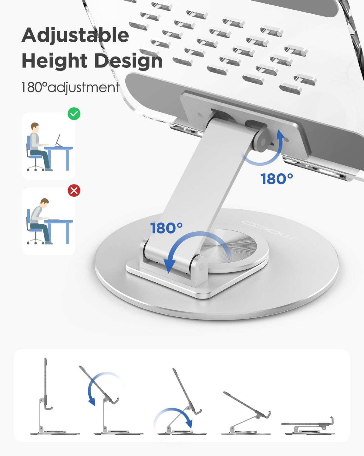 MoKo Acrylic Tablet Stand Holder - Adjustable iPad Stand with Aluminum 360° Rotating Base, Compatible with 4.7-12.9inch Device Such as iPad Pro 12.9, iPad Pro 11/10.9/10.2, iPad Air/Mini, Clear+Silver