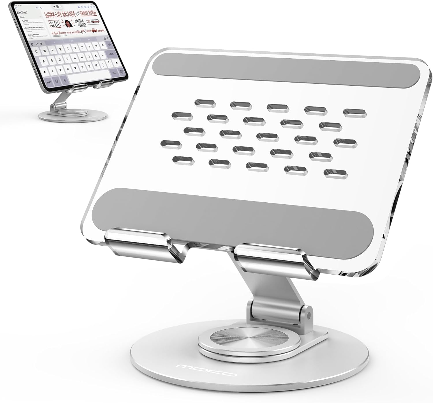 MoKo Acrylic Tablet Stand Holder - Adjustable iPad Stand with Aluminum 360° Rotating Base, Compatible with 4.7-12.9inch Device Such as iPad Pro 12.9, iPad Pro 11/10.9/10.2, iPad Air/Mini, Clear+Silver