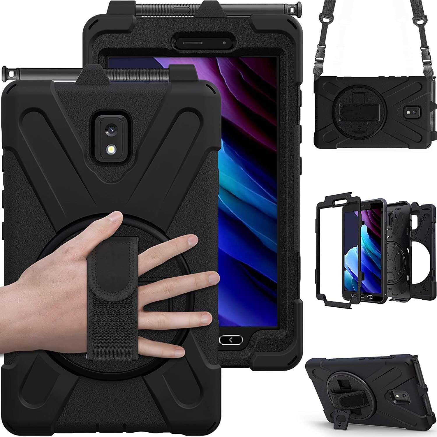 Samsung Galaxy Tab Active 3 8.0 Case T570/T575/T577, Heavy Duty Shockproof Impact Resistant Drop Resistant Rugged Protective Case with Rotating Stand, Handle Hand Strap Shoulder Strap, Black