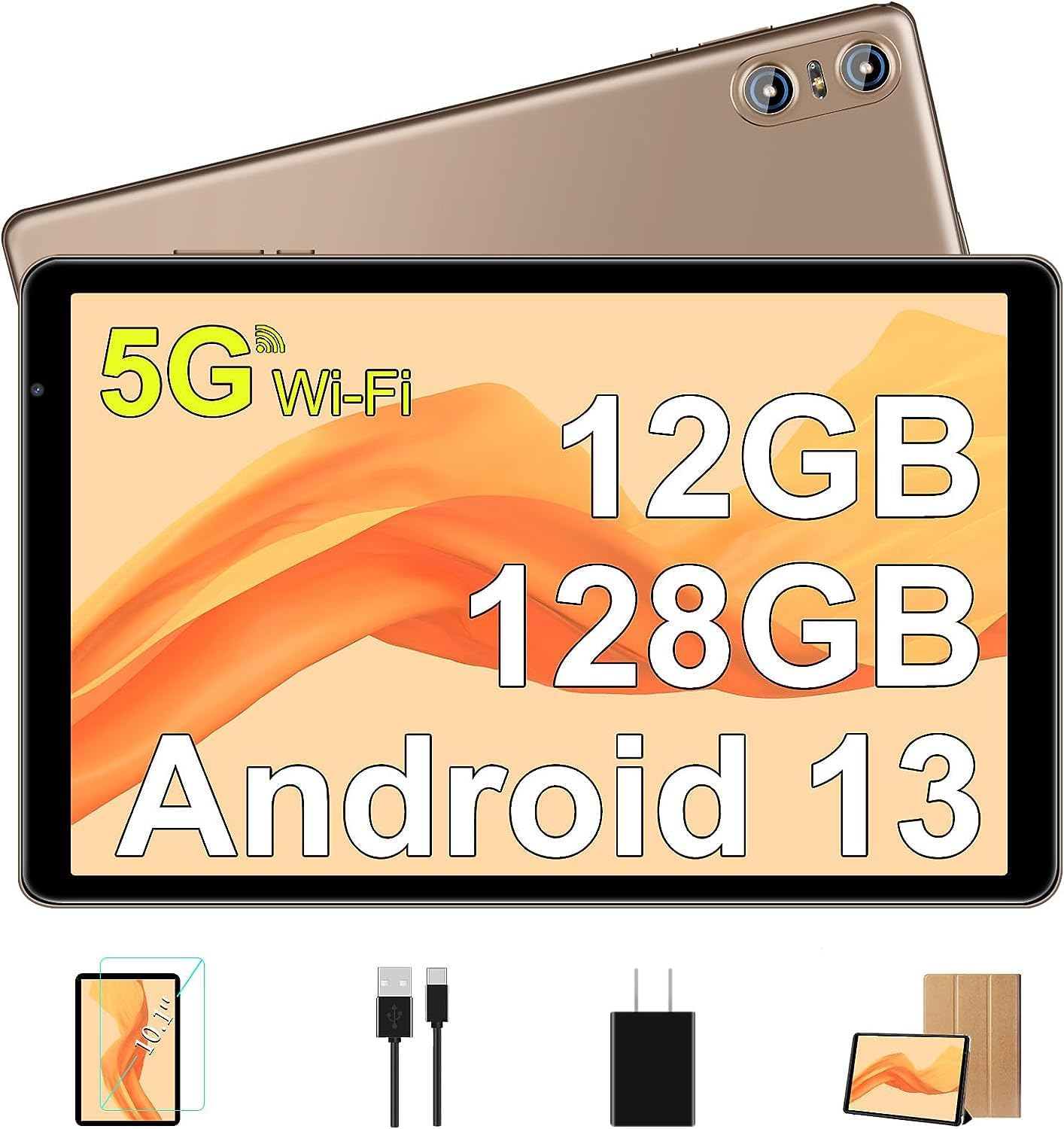 Tablet 10 Inch Android 13 Tablet PC 12GB RAM + 128GB ROM TF 1TB Octa-Core 2.0 GHz, Bluetooth 5.0 | 5G WiFi | 6000mAh | 1280 * 800 | 5MP+8MP, Tablet with Keyboard and Mouse Gold