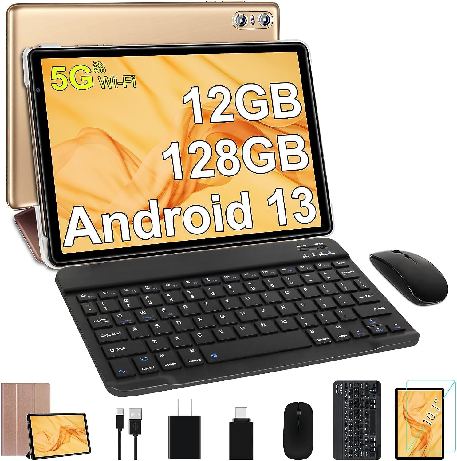 Tablet 10 Inch Android 13 Tablet PC 12GB RAM + 128GB ROM TF 1TB Octa-Core 2.0 GHz, Bluetooth 5.0 | 5G WiFi | 6000mAh | 1280 * 800 | 5MP+8MP, Tablet with Keyboard and Mouse Gold