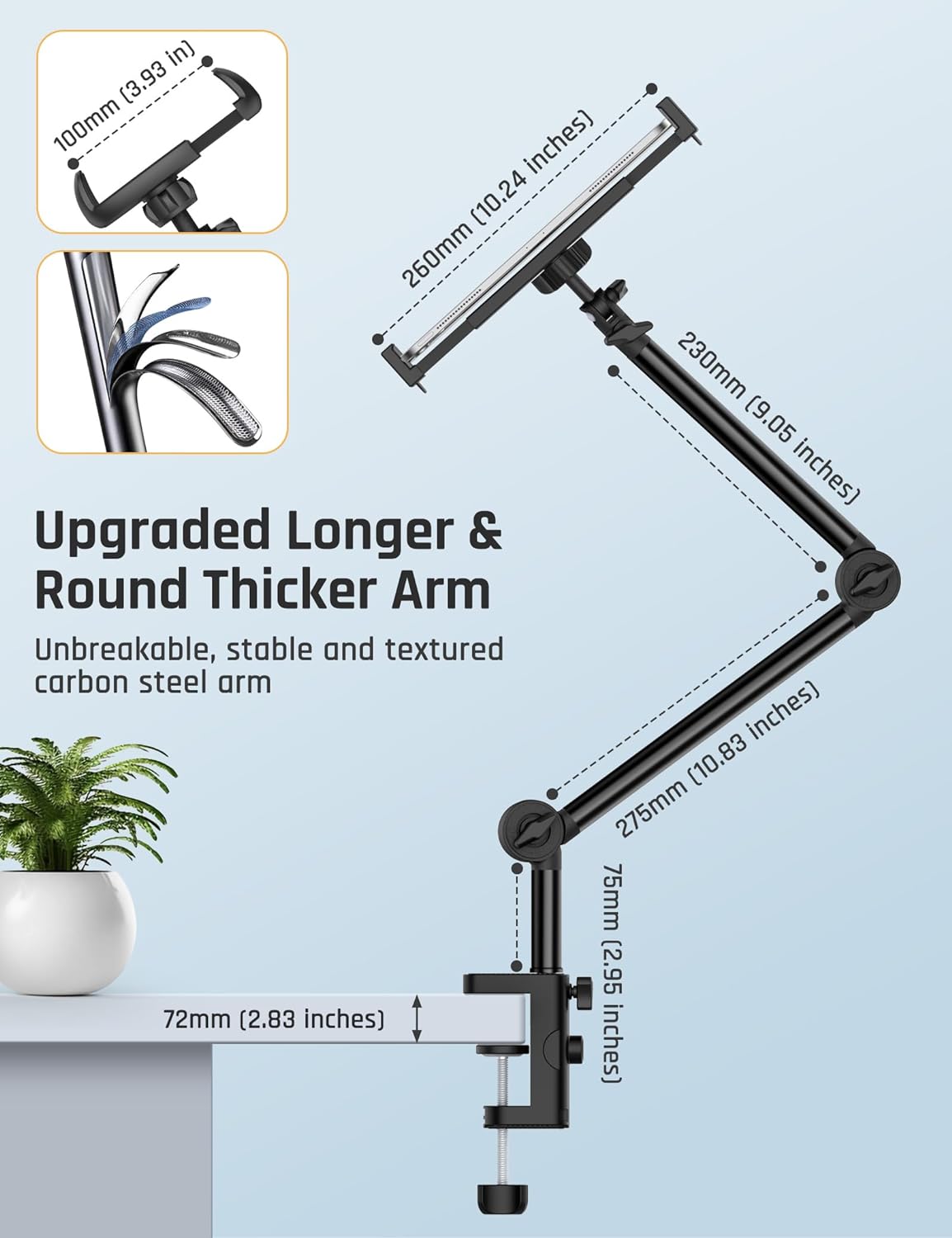 Tablet Stand Phone Holder for Desk Mount with Dual Clamps-Universal Tablet Phone Kindle Holder iPad Stand-360°Flexible iPad Mount fits iPad Pro Mini/Air, iPhone 15 Pro Other 3.5-12.9 Devices