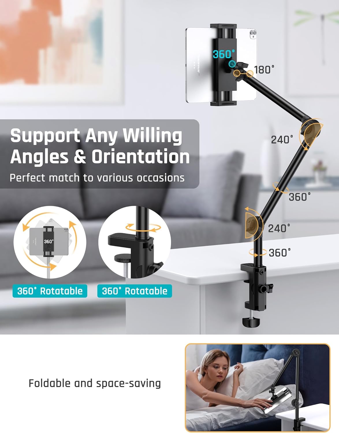 Tablet Stand Phone Holder for Desk Mount with Dual Clamps-Universal Tablet Phone Kindle Holder iPad Stand-360°Flexible iPad Mount fits iPad Pro Mini/Air, iPhone 15 Pro Other 3.5-12.9 Devices