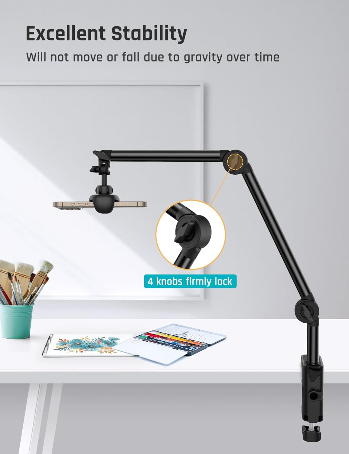 Tablet Stand Phone Holder for Desk Mount with Dual Clamps-Universal Tablet Phone Kindle Holder iPad Stand-360°Flexible iPad Mount fits iPad Pro Mini/Air, iPhone 15 Pro Other 3.5-12.9 Devices