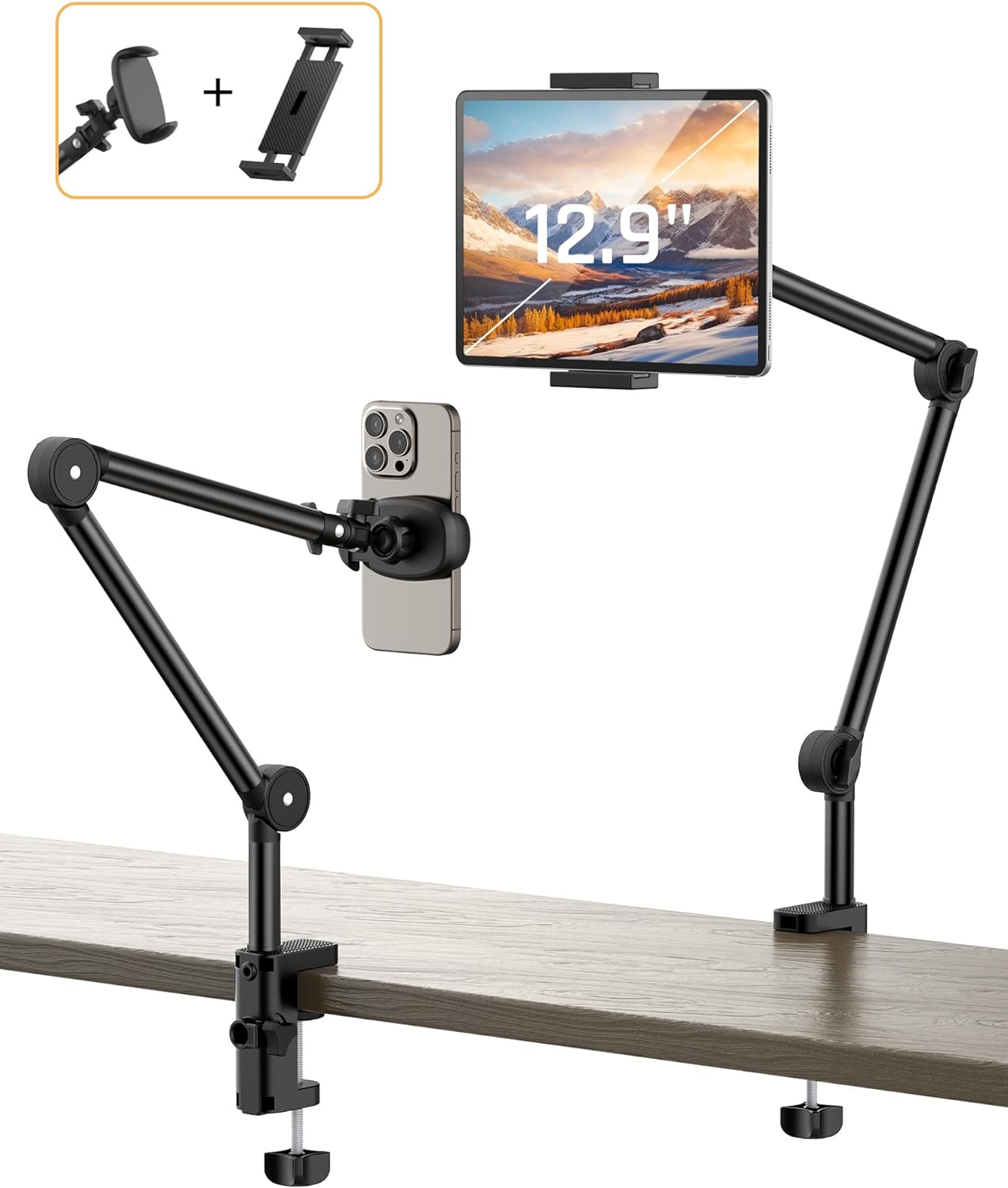 Tablet Stand Phone Holder for Desk Mount with Dual Clamps-Universal Tablet Phone Kindle Holder iPad Stand-360°Flexible iPad Mount fits iPad Pro Mini/Air, iPhone 15 Pro Other 3.5-12.9 Devices