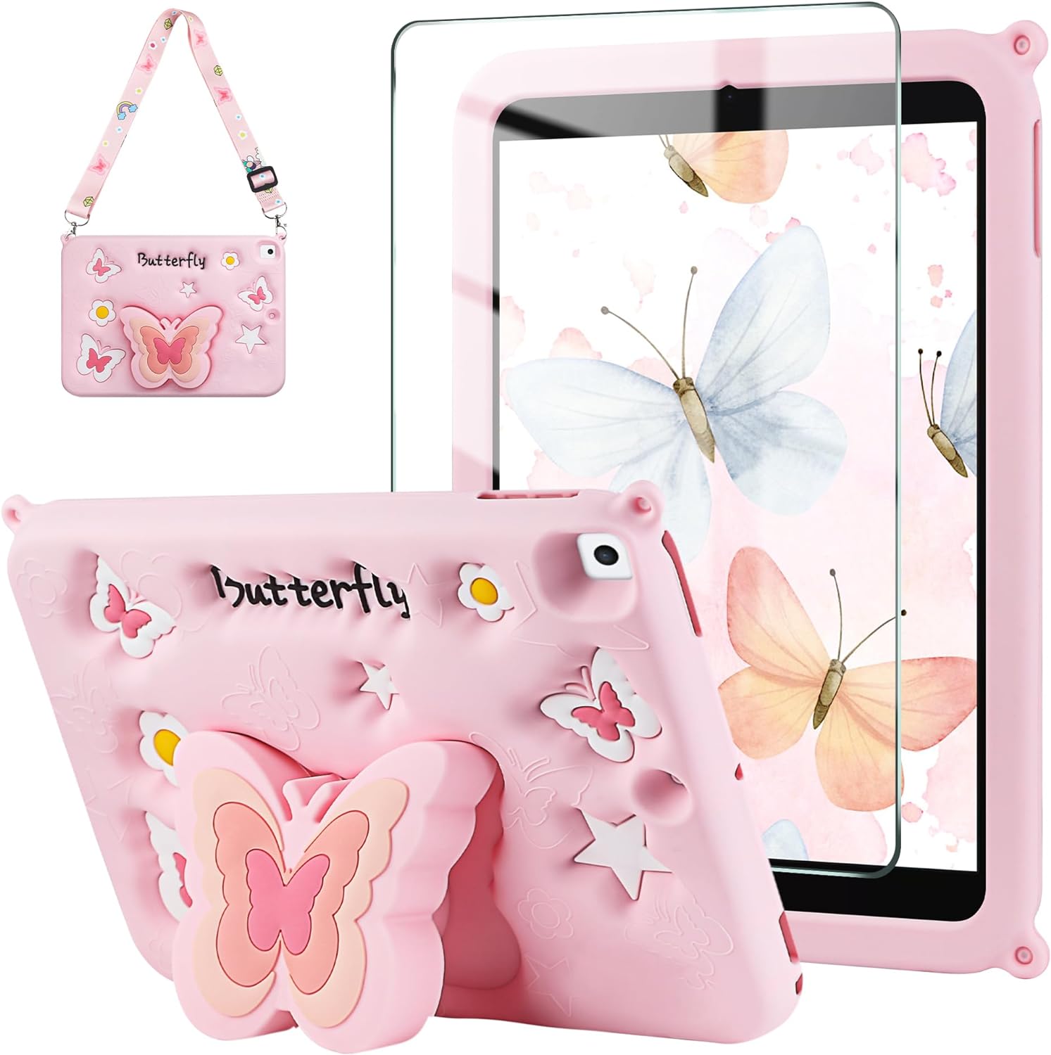 Wollony for iPad 9th 8th 7th Generation Case iPad 10.2 Case with Screen Protector Shoulder Strap Butterfly Wings Stand Cute Cartoon Silicone Cover Case Girls Kids for iPad 9th/8th/7th Gen 10.2 Pink