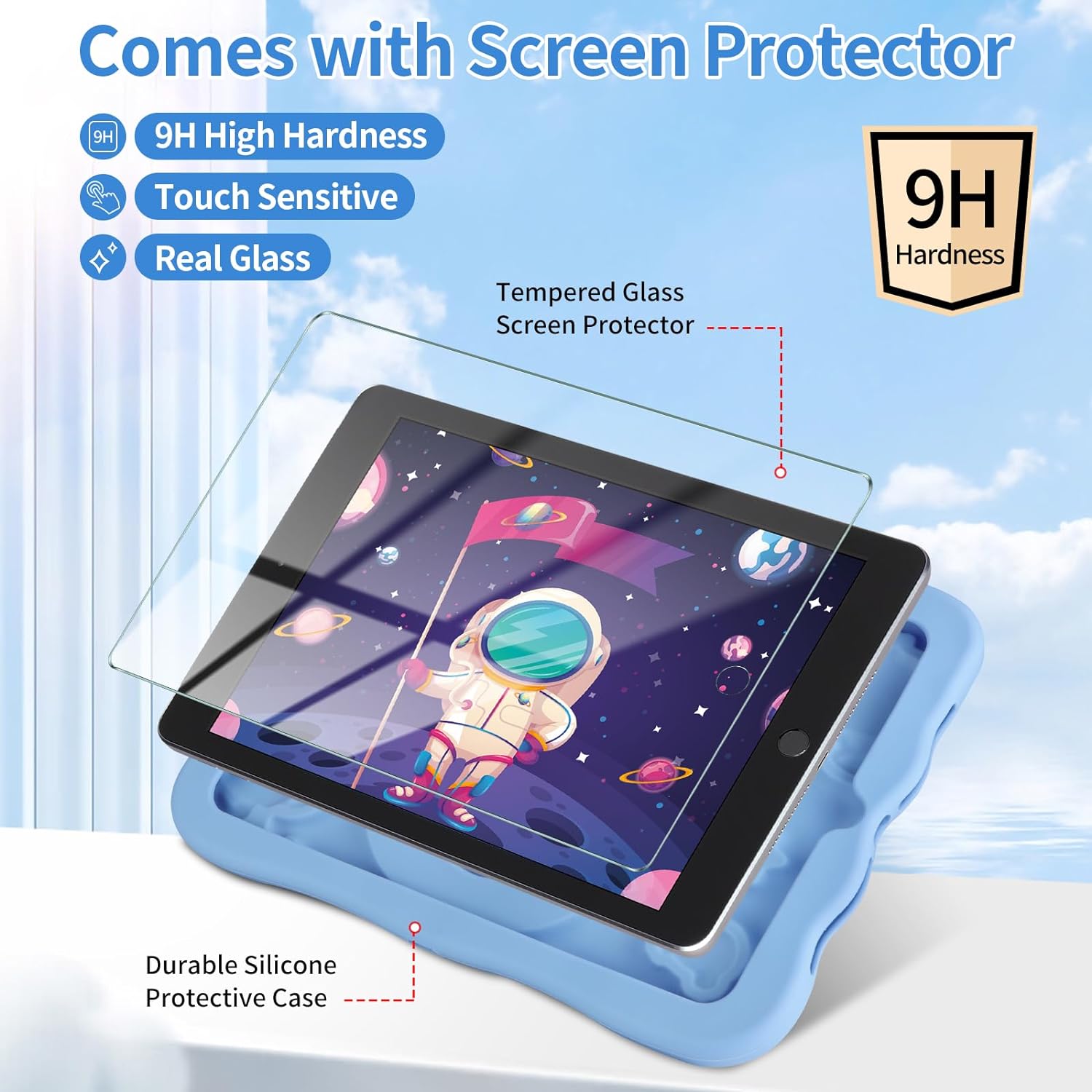 YEBOLU for iPad 5th 6th Generation Pro 9.7 Case iPad Air 1/2 with Screen Protector Cartoon Stand Lanyard Cute Silicone Full Body Protective Tablet Cover for Kids Boys Blue