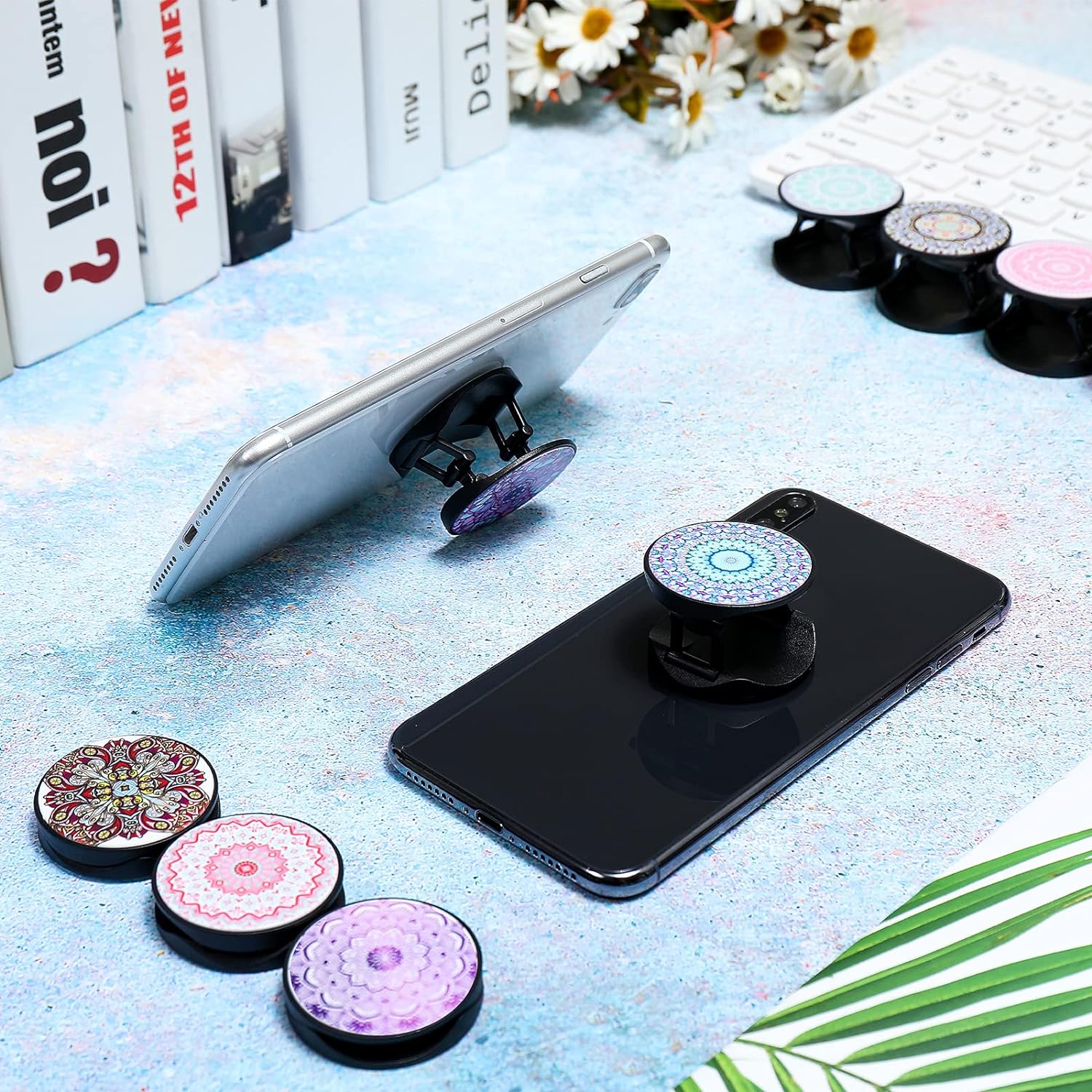 9 Pieces Cell Phone Grip Holder Collapsible Phone Holder Colorful Self-Adhesive Finger Ring Sublimation Phone Holders for Smartphone and Tablets (Constellation Style)