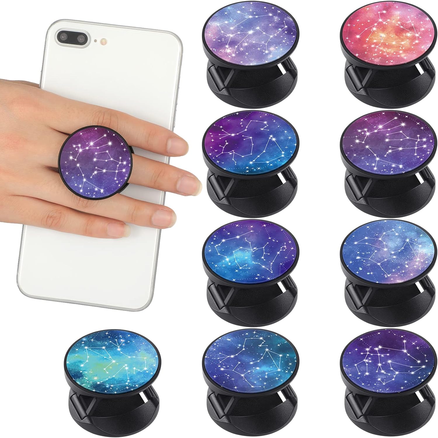 9 Pieces Cell Phone Grip Holder Collapsible Phone Holder Colorful Self-Adhesive Finger Ring Sublimation Phone Holders for Smartphone and Tablets (Constellation Style)