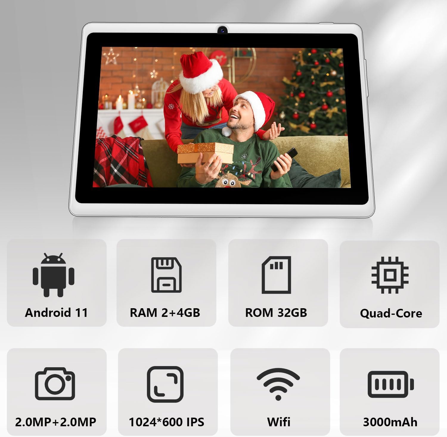 Android Tablet 7 Inch, Android 11 Tablet, 2+4GB RAM 32GB ROM, Quad-Core Processor, Dual Camera, WiFi, 3.5mm Earphone Jack, FM Bluetooth, 128GB Expand, GMS Certified Tablet - White