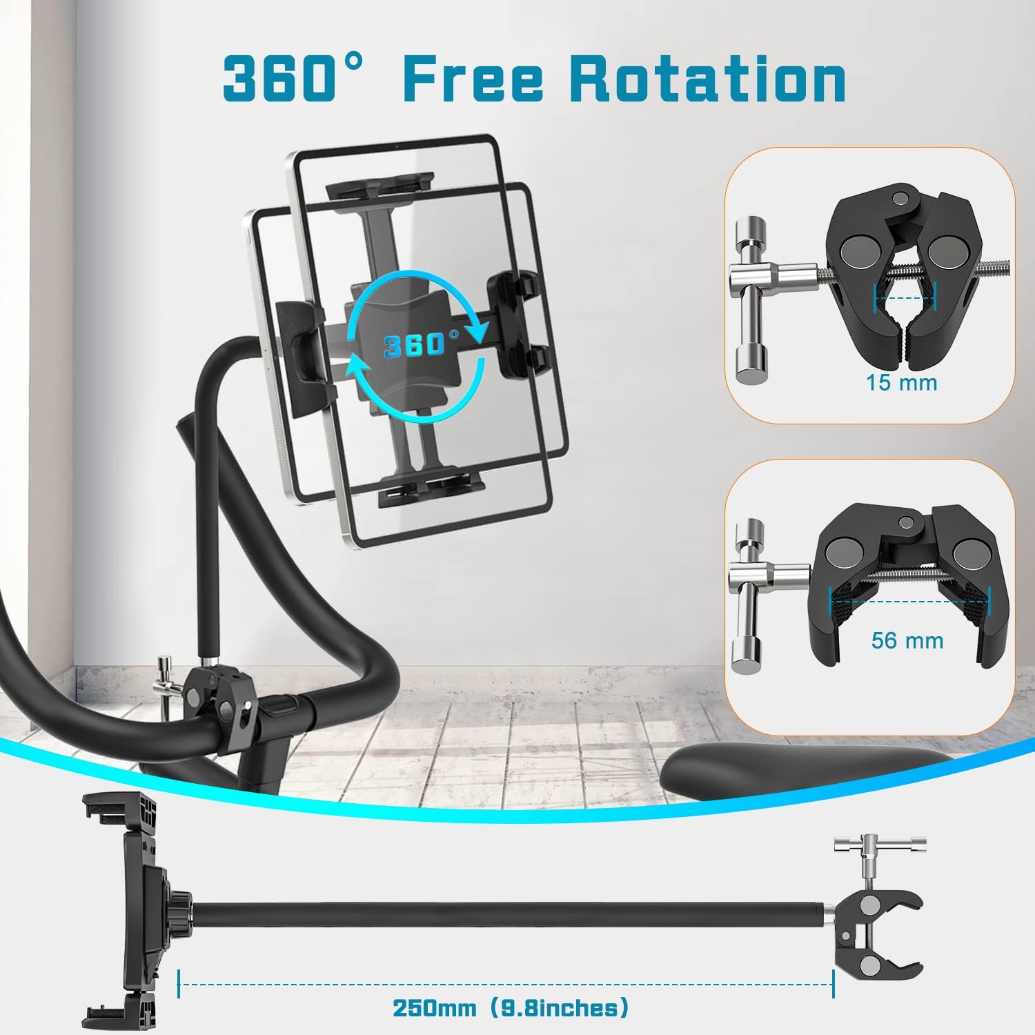 BAISHUN Gooseneck Tablet Holder for Exercise Bike - Long Arm Flexible Treadmill Spin Stand Mount Compatible with iPad Pro Mini 4.7-12.9 Tablets Cellphones