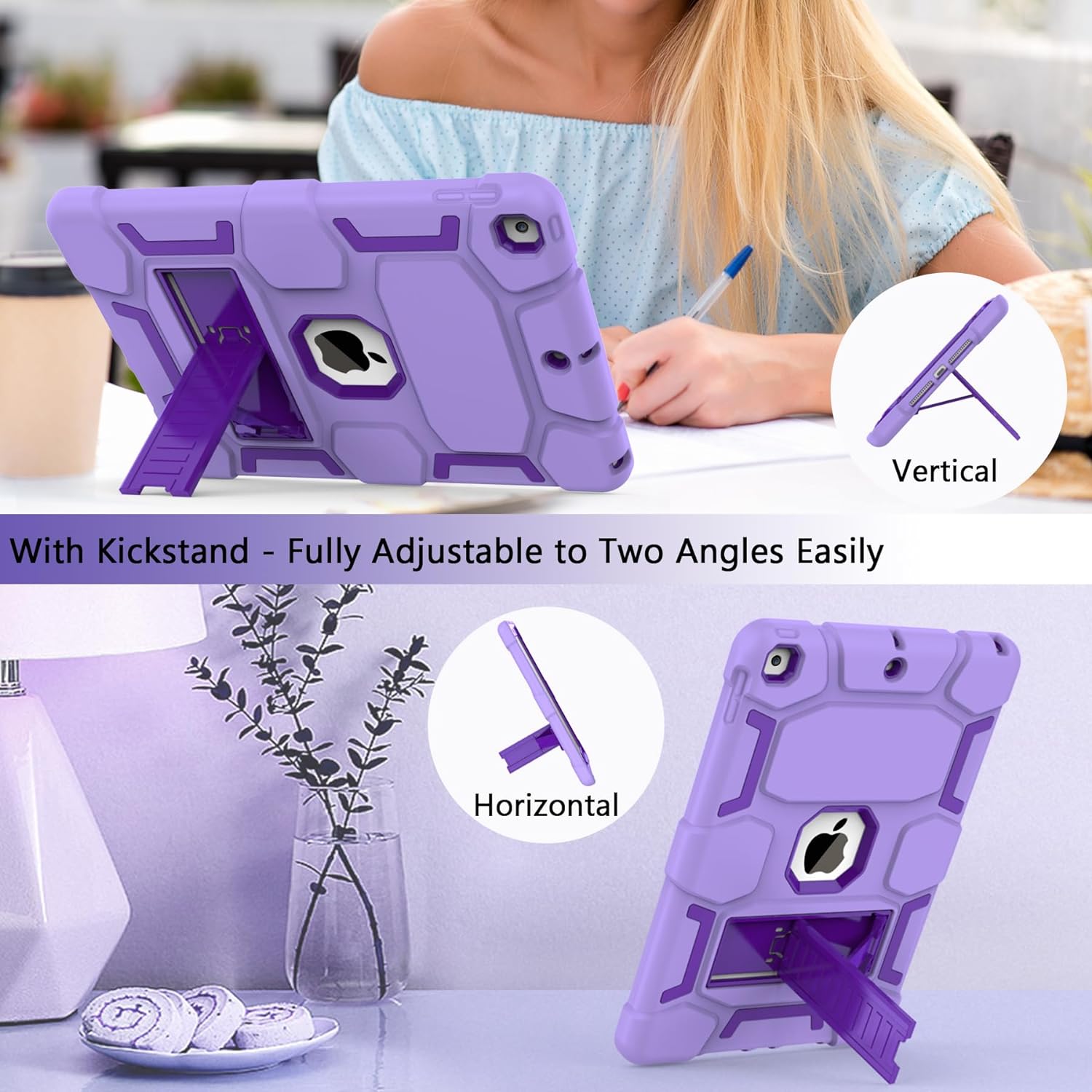 CCMAO for iPad 9th Generation Case, iPad 8th/7th Generation Case, iPad 10.2 Inch 2021/2020/2019 Case, Heavy Duty Shockproof Protective Cover with Kickstand for Girls Women, Light Purple+Dark Purple