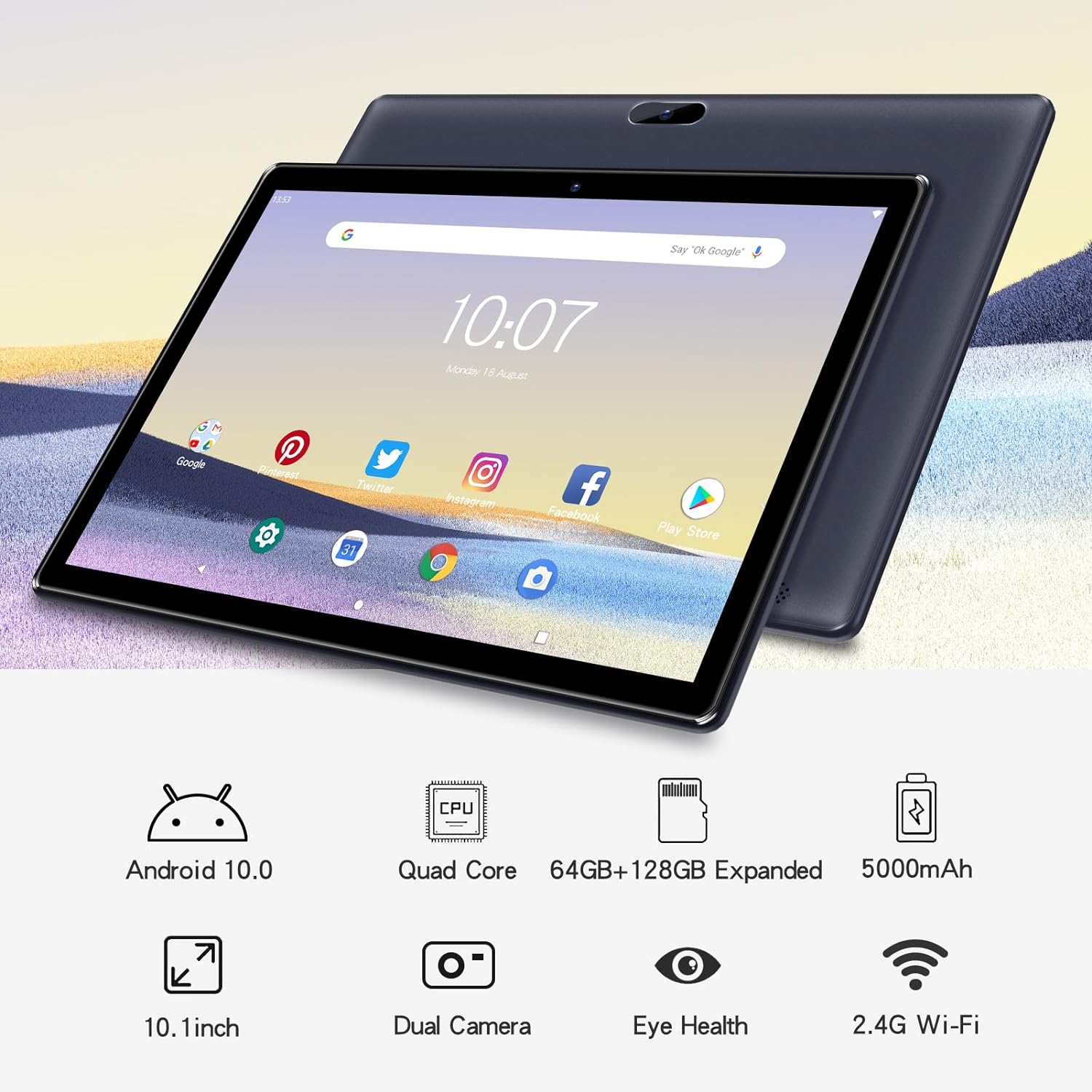 PRITOM Android Tablet 10 inch, M10, 2 GB RAM, 64GB Android Tablet, 10.1 inch IPS HD Display, GPS, FM, Quad-Core Processor, Wi-Fi (M10 Black)