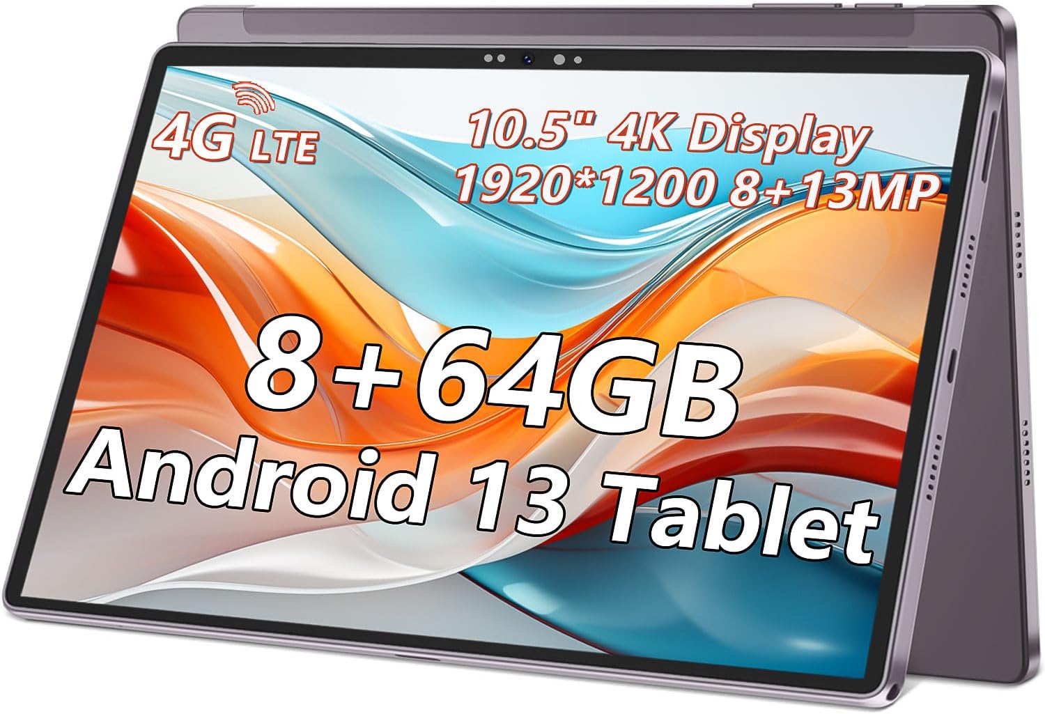 Tablet 10.5 inch Android 13 Tablet 2023 Latest Octa-Core Processor with 8GB RAM 64GB ROM, Dual 13MP+8MP Camera, 4G LTE Cellular with 2.4/5.0GHZ Dual WiFi, Bluetooth, GPS, 1TB Expand, 2K IPS