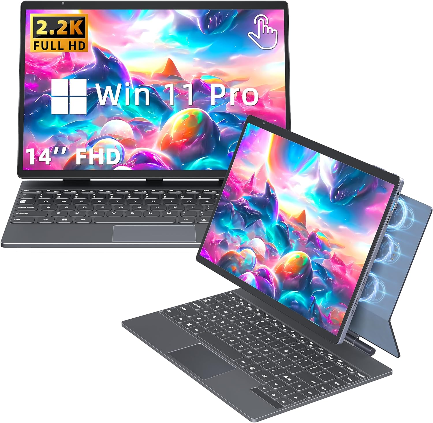 2-in-1 Laptop Convertible Tablet with Win 11/Office 2019, 14 2.2K TouchScreen, Magnetic Suspension Keyboard, 12th Alder Lake-N95, 16GB RAM, 1TB SSD, Webcam, Cooling Fan, Type-C (16G+1T)