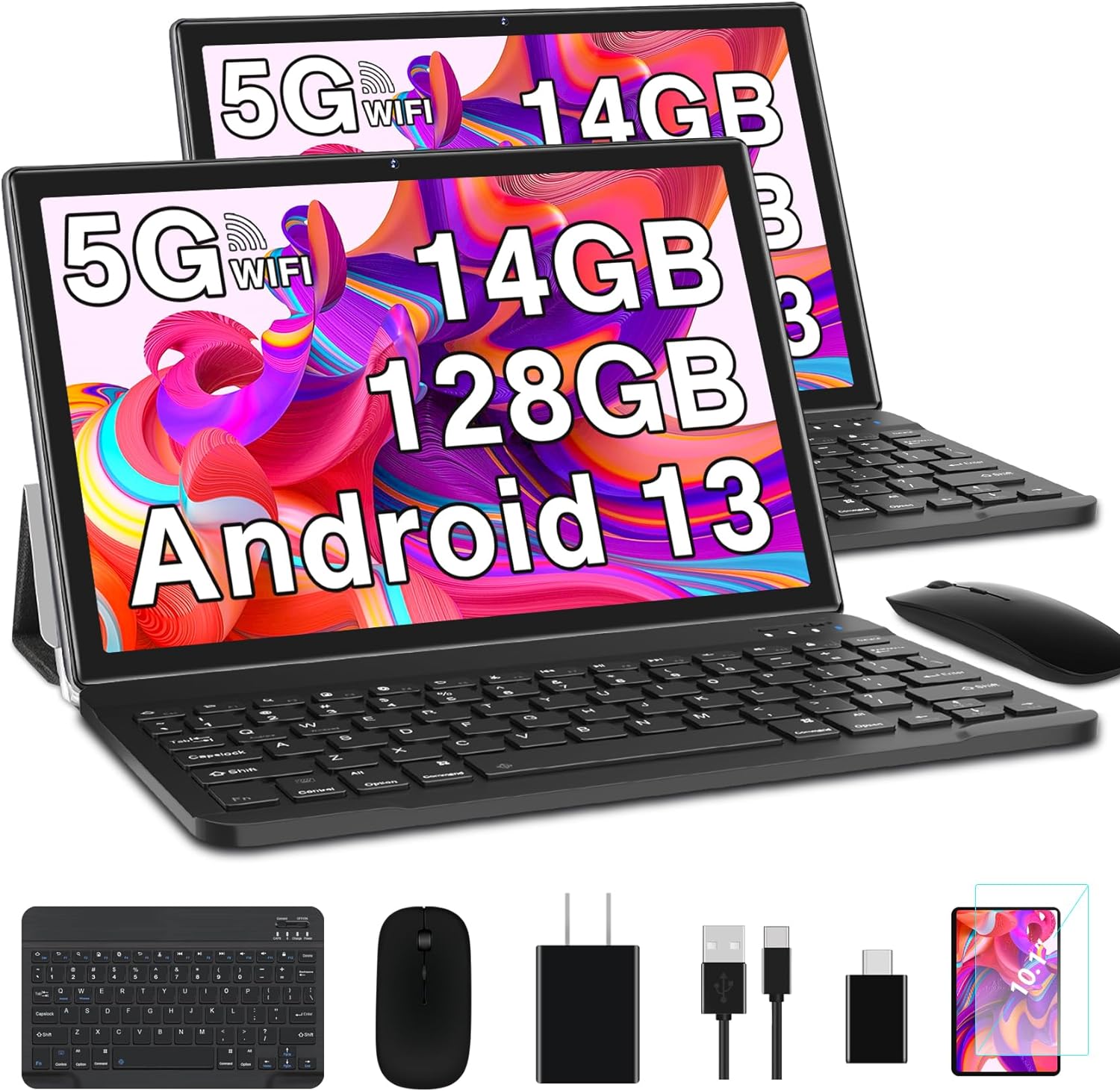 2024 Newest 10 Inch Tablet Android 13 Octa-Cores 14GB RAM 128GB ROM 1TB TF, WiFi 5G, Bluetooth 5.0, GPS, GMS, 8000mAh Battery, 8MP+5MP, OTG, Type C, Tablet PC with Case, Keyboard  Mouse - Black