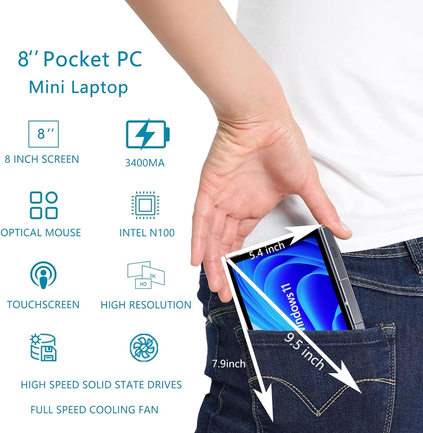 8 inch Mini Laptop HD Touchscreen Portable 2-in-1 Small Computer, Windows 11 Pro Laptop for Business and Students,Intel N100 12GB LPDDR5 512GB M.2 SSD,Wi-Fi 6，BT5.2 2MP Camera，G-Sensor，HDMI，Type C
