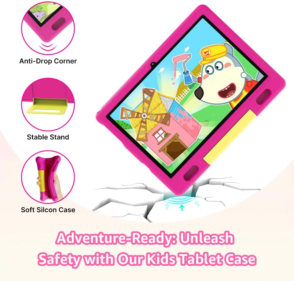 ApoloSign Kids Tablet, 10.1 Inch Android 13 Tablet for Kids, 32GB ROM with HD Screen, Bluetooth, 5000mAh Battery, Parental Control APP, Educational Games, and Shockproof Case(Pink)
