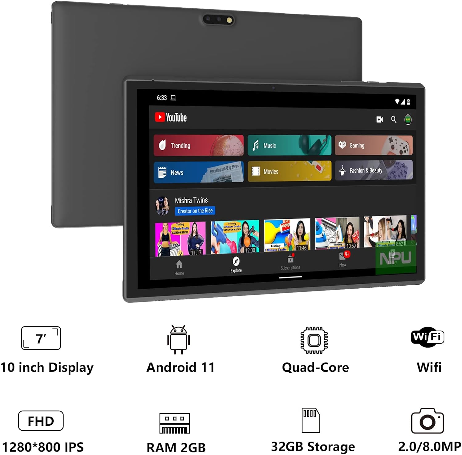 Tablet 64GB 10 Inch Tablet, Android 11 Tablets, 6000mAh Battery Quad Core HD Touch Screen Tableta Computer, with WiFi BT Google Play Tabletas. (Blue)