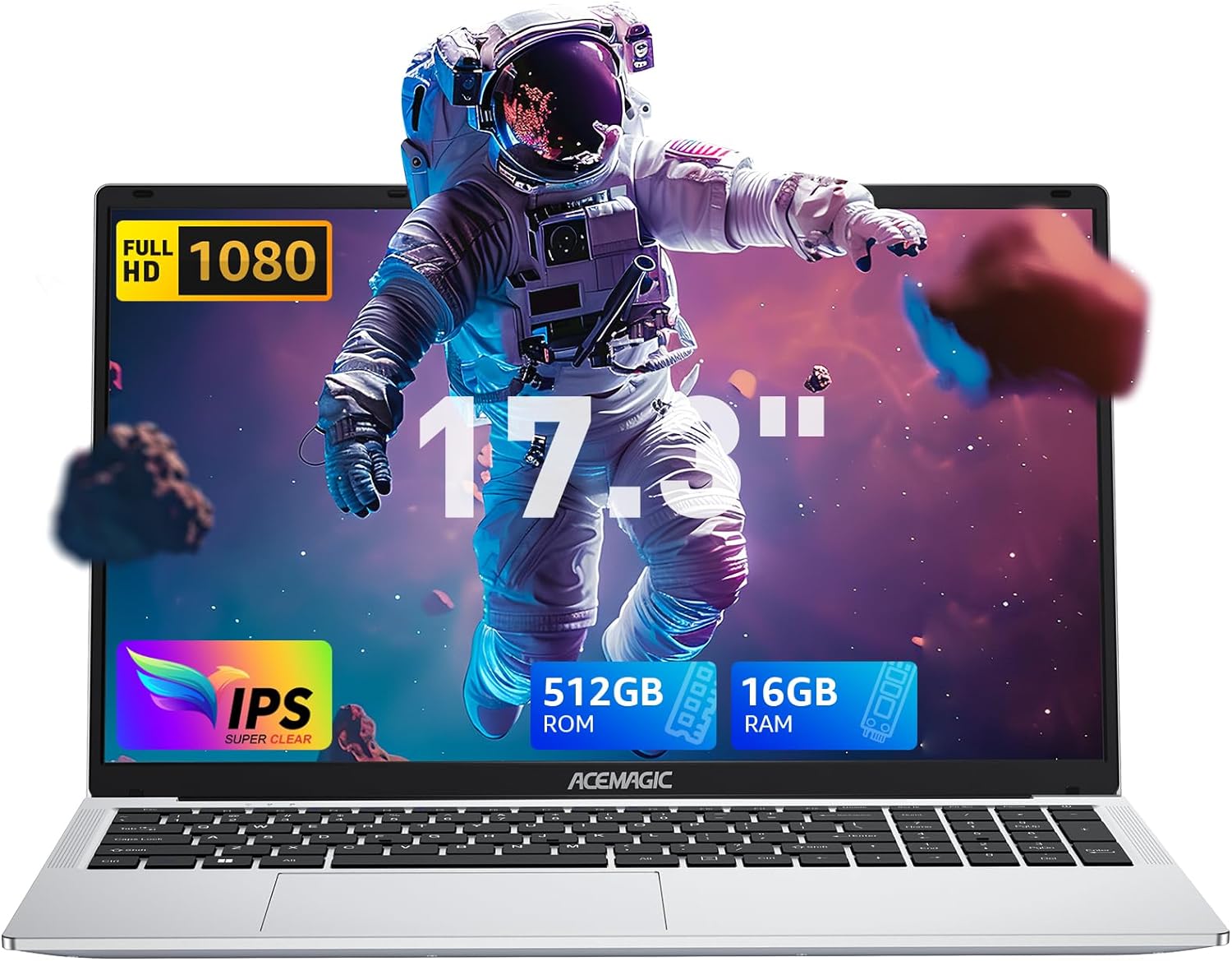 ACEMAGIC ACMAGIC 2024 Newest Laptop,17.3-Inch FHD Display Laptop with Intel Quad Core-12th Alder Lake N97(Up to 3.6GHz), 16GB RAM 512GB ROM Business Laptop Computer, 6000Mah Battery,Silver
