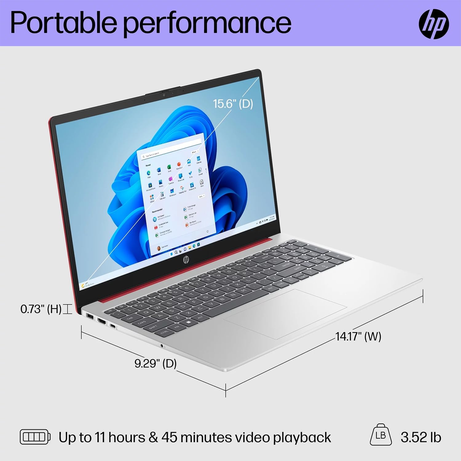 HP 15.6 Portable Laptop (Include 1 Year Microsoft 365), HD Display, Intel Quad-Core N200 Processor, 16GB RAM, 128GB Storage, Wi-Fi 5, Webcam, HDMI, Numeric Keypad, Windows 11 Home, Red