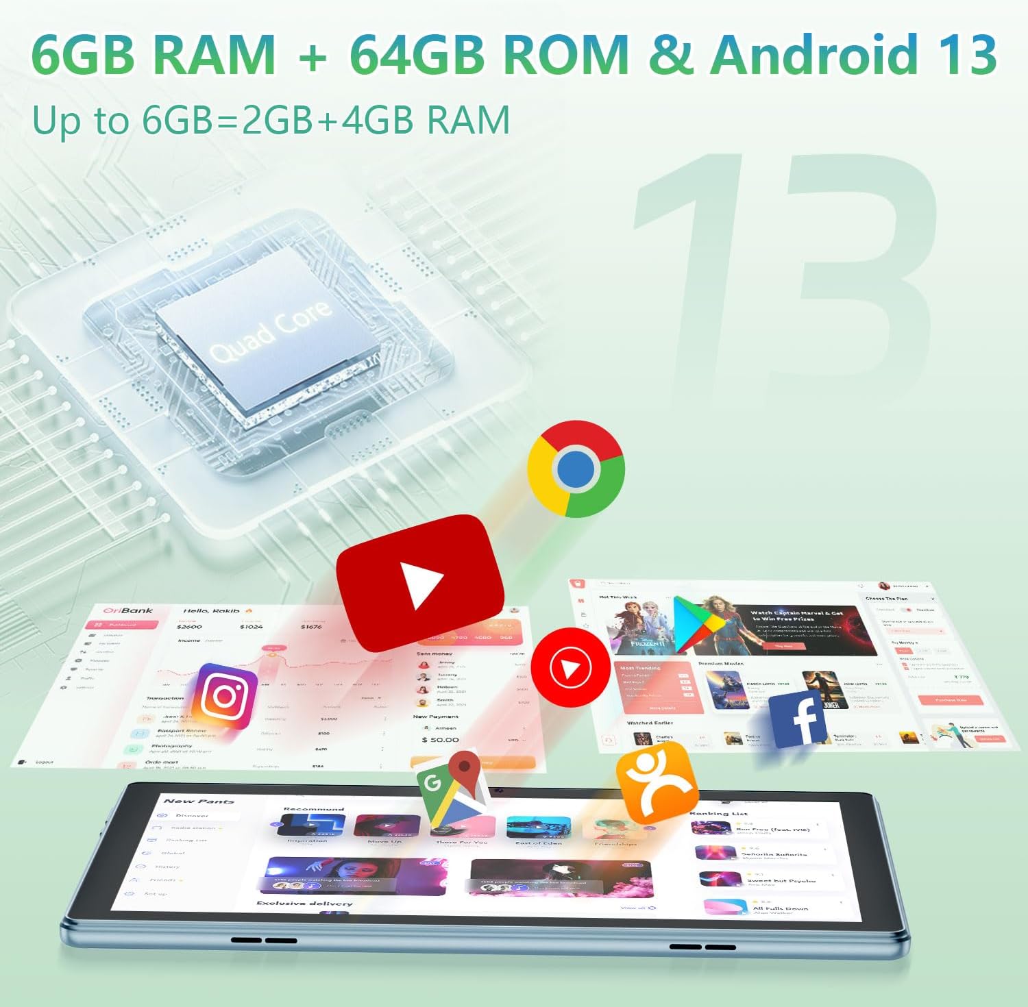 Tablet 10.1 inch Android 13 Tablets, 64GB ROM 512GB Expand Quad-Core Processor, HD Touchscreen, 6000mAh 8MP Camera, FM GPS Bluetooth,WiFi with Tablet case (Black)