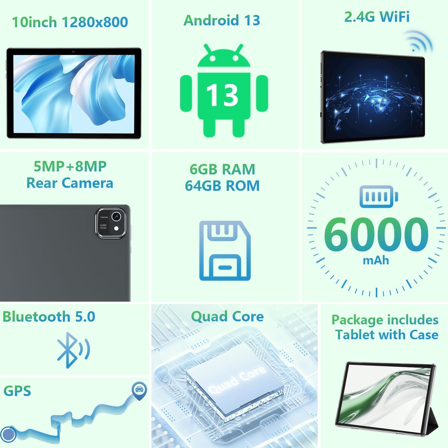 Tablet 10.1 inch Android 13 Tablets, 64GB ROM 512GB Expand Quad-Core Processor, HD Touchscreen, 6000mAh 8MP Camera, FM GPS Bluetooth,WiFi with Tablet case (Black)