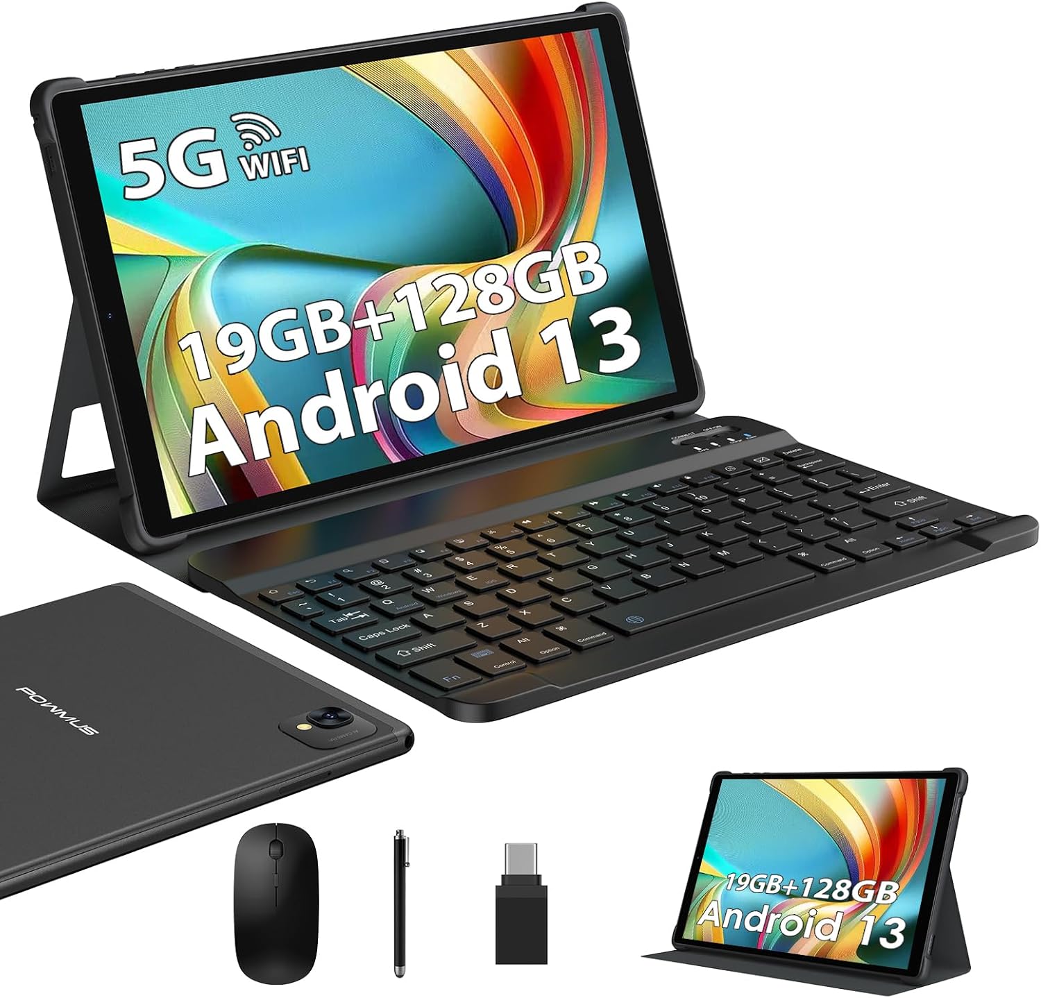2024 Android 13 Tablet, 10.1 inch Tablet with 128GB ROM,19GB RAM, 1TB Expand, 2.0GHz cpu, 1920*1200 Incell screen, 8000mAh, 8+13MP WiFi BT5.0 GPS Android Tableta with Keyboard and Mouse - Gray