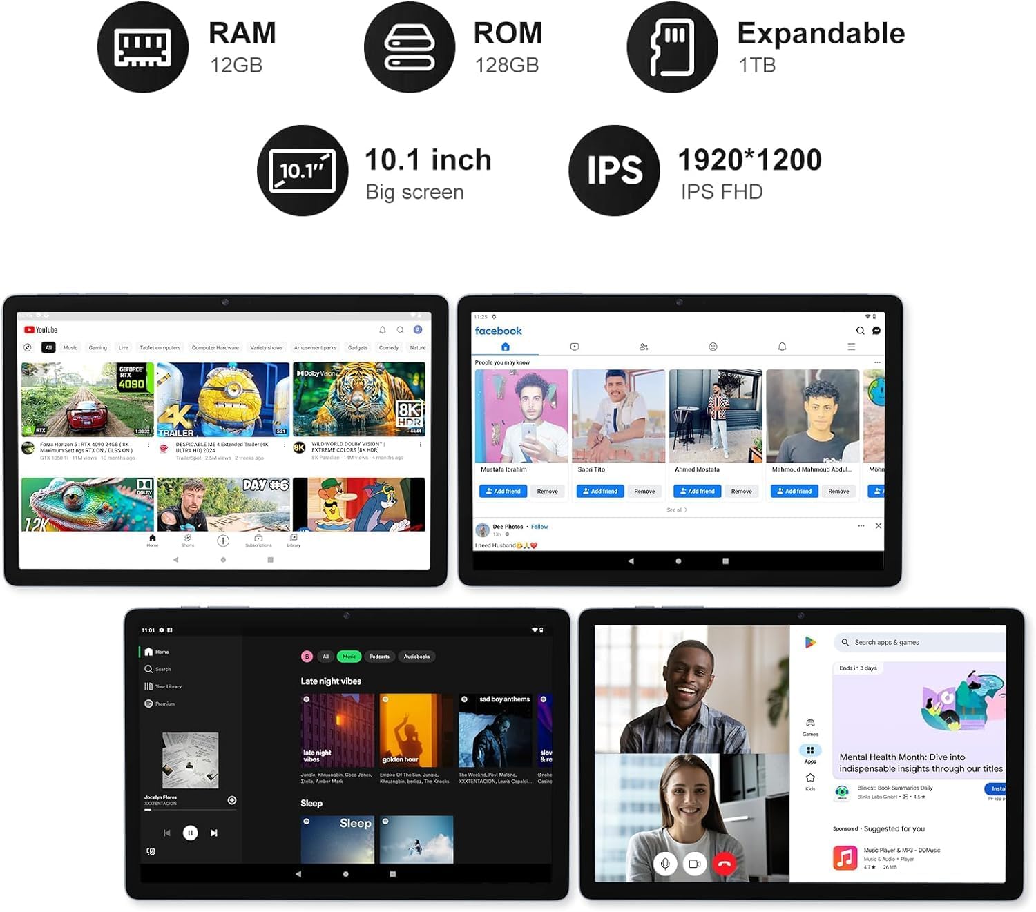 10.1 inch Android 12 Tablet, Octa-Core CPU, 12(6+6) GB RAM+128GB ROM+1TB Expandable Computer Tablets PC, 1920 * 1200 FHD IPS Screen, 5+13MP Dual Camera, GMS Certified Tablet Blue