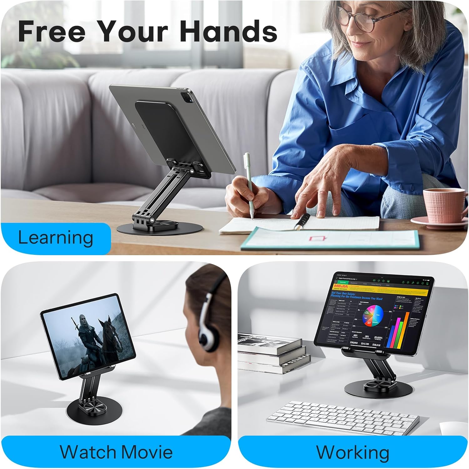 OMOTON Tablet Stand for iPad, Adjustable Tablet Holder for Desk, Portable Monitor Stand Compatible with 4-15.6 Tablets Kindle Such as iPad Pro 11, 10.2, 13, Air/Mini