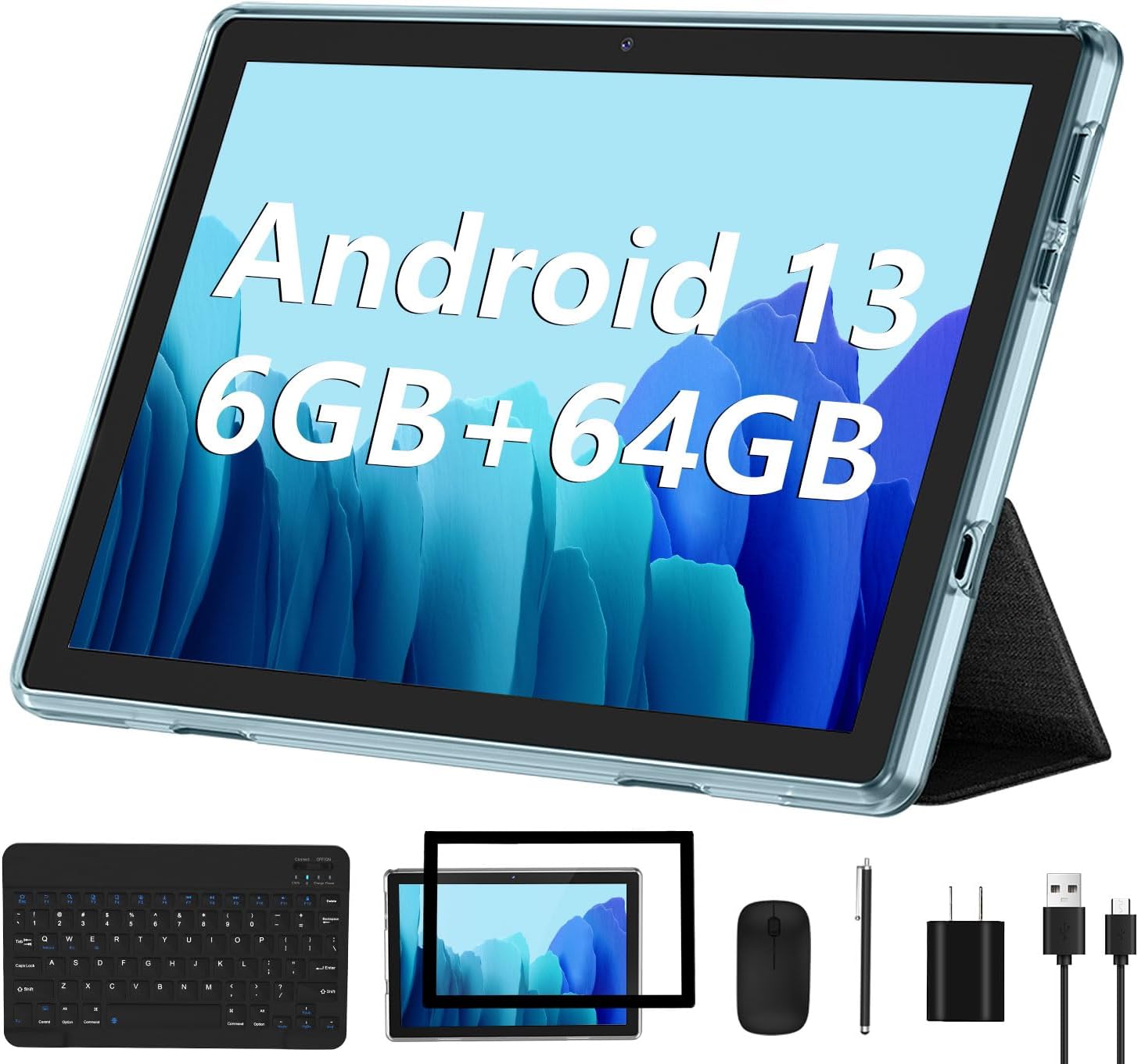 Android 13 Tablet 2023 New 10 Inch Tablets with 6GB RAM + 64GB ROM + 1TB Expanded Ouad-Core, 2 in 1 Tablet with Keyboard Mouse WiFi 6 Bluetooth, GMS Certified IPS Touch Screen Tablet - Blue Set
