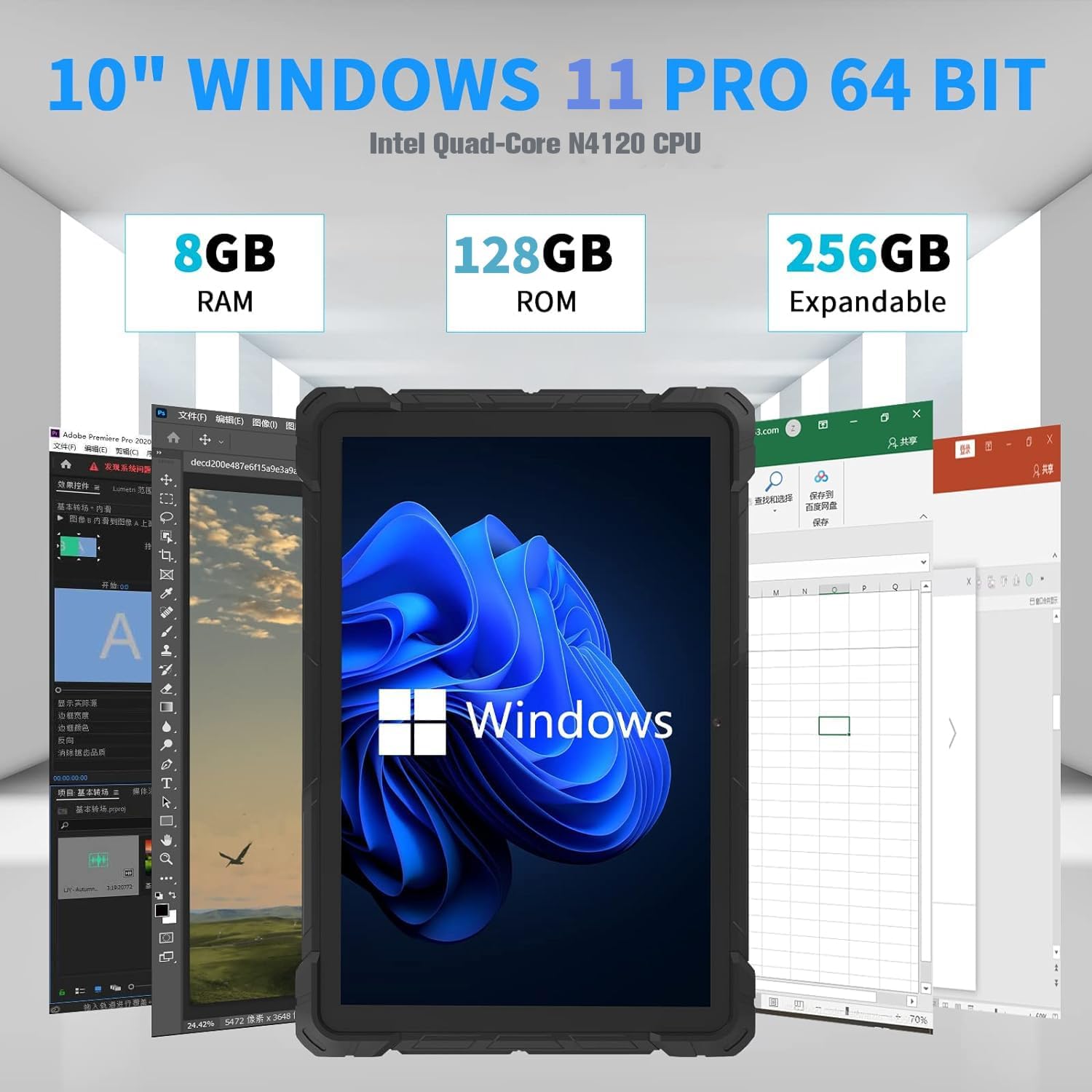 Rugged Windows Tablet, 10.1 Inch Win 11 Pro 8GB RAM/128 GB ROM Rugged Tablet Fingerprint 4G LTE GPS 16000mAh/3.7V Battery,WiFi 5 BT4.2 for Enterprise Mobile Field Work