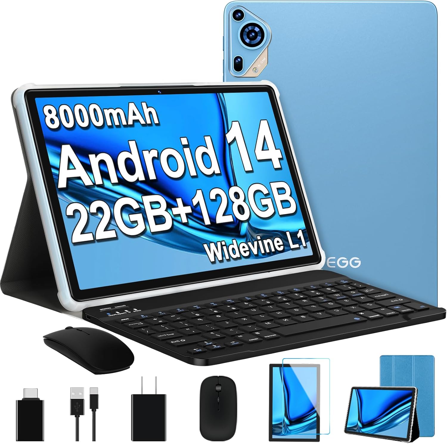 2025 Android 14 Tablet 10 inch Octa-Core Tablets with 22GB RAM+128GB ROM(Expand to 1TB),8000mAh Large Battery,1280x800 IPS HD Touch Screen,Support Widevine L1,Keyboard  Mouse Included-Blue