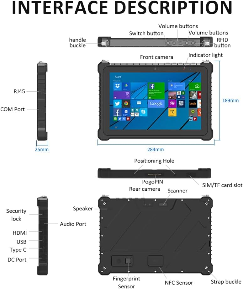 10.1 IP67 Rugged Tablet (N5100 8GB+256GB) Windows 11 Pro Waterproof Industrial Tablet PC, Fingerprint, 12000mAh Battery, 500nit, GPS, WiFi, 4G, BT4.2, NFC, 2D Scanner, for Outdoor Field Work