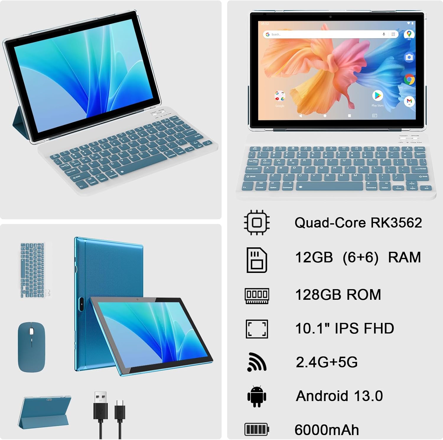 Android 13 Tablet 10 Inch, 12GB RAM 128GB ROM/1TB Expandable Tablet, 2 in 1 Tablets with Keyboard Mouse Case Stylus, Quad-core 2.0GHz Processor Tablet, 1280*800 IPS HD Touch Screen, 5G WiFi 6 Tablet