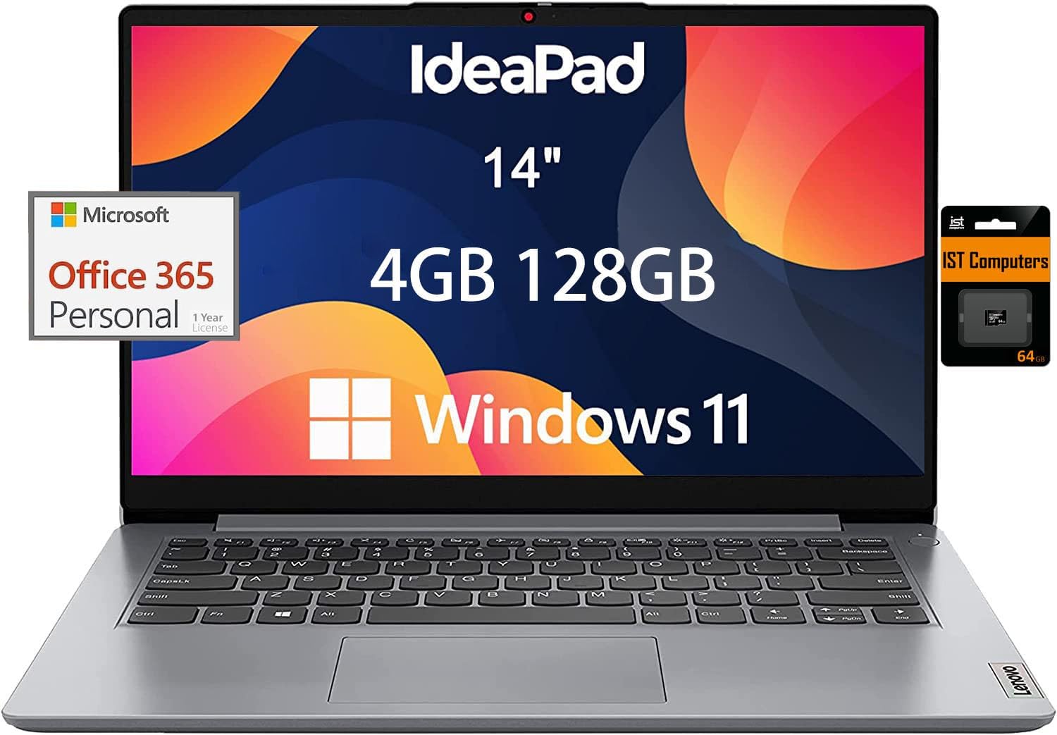 Lenovo IdeaPad 1i Laptop (14 Anti-Glare, Intel Dual Core Processor, 4GB RAM, 128GB Storage (64GB eMMC + 64GB SD Card)), Student  Home, 1 Year Office 365, Webcam, Wi-Fi 6, Win 11 Home in S, Grey