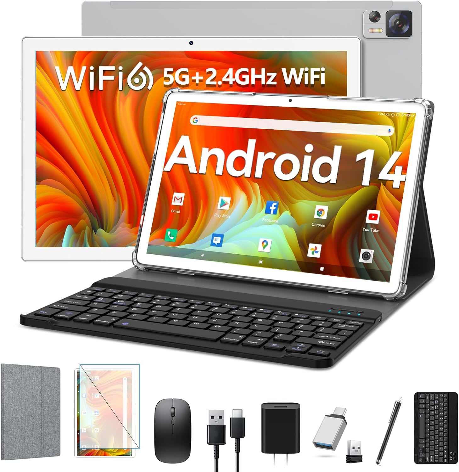 Android 14 Tablet 10 inch 2025 Latest WiFi 6 with Octa-Core Processor,7000mAh,8GB RAM+64/1TB ROM Storage,13MP+8MP Camera/GMS Certification/Bluetooth 5.0,Tablet with Keyboard/Case/Mouse/Stylus/Gray