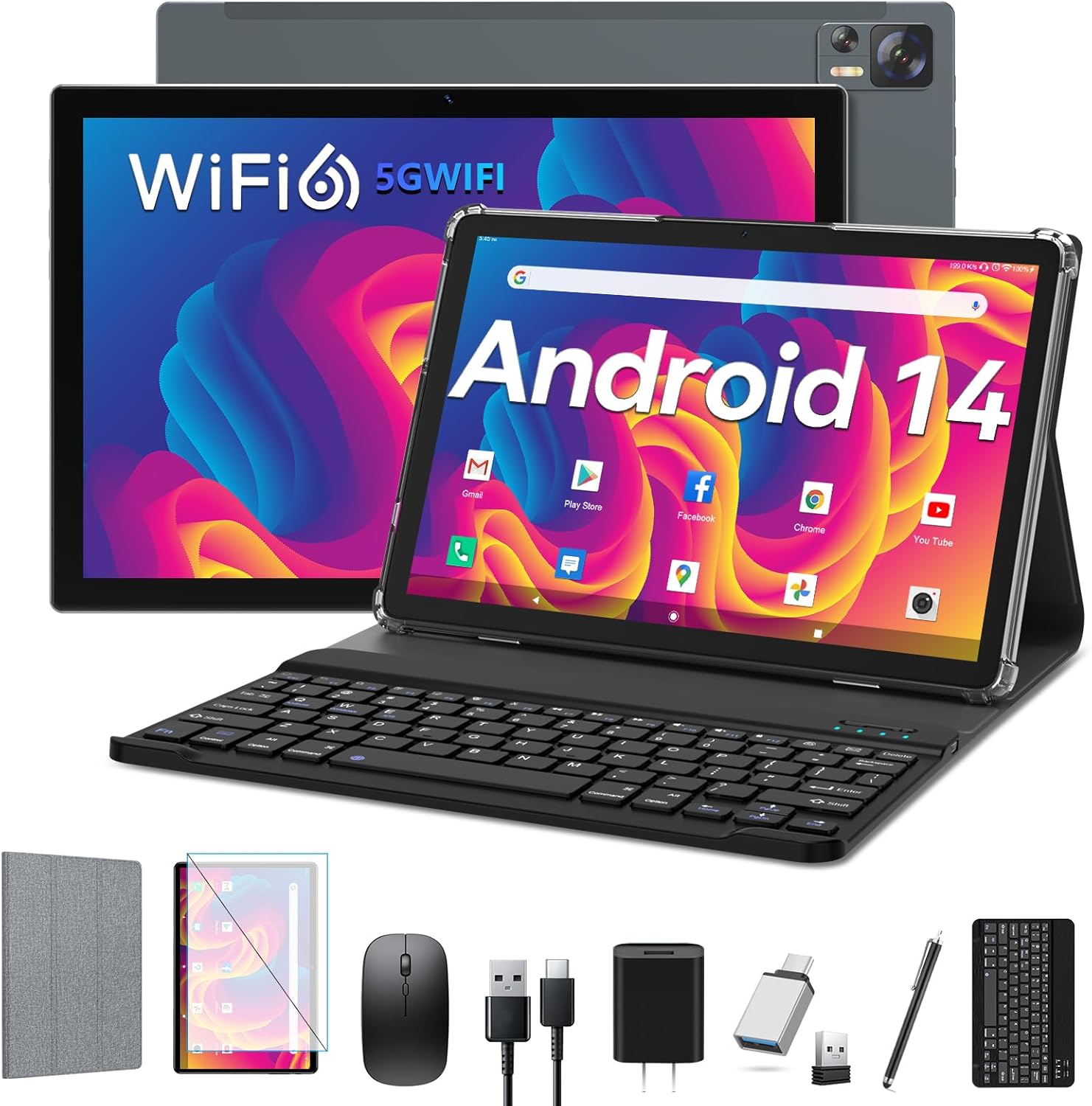 Android 14 Tablet 10 inch 2025 Latest WiFi 6 with Octa-Core Processor,7000mAh,8GB RAM+64/1TB ROM Storage,13MP+8MP Camera/GMS Certification/Bluetooth 5.0,Tablet with Keyboard/Case/Mouse/Stylus/Gray