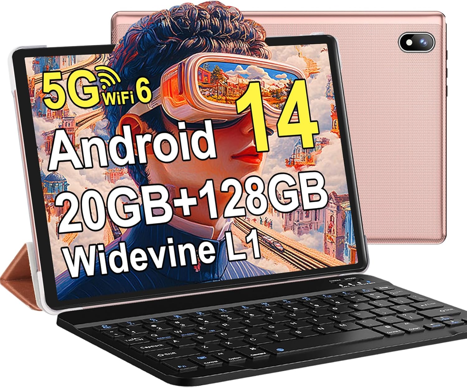 Android 14 Tablet 10 Inch Tablets, 20GB+128GB/1TB Expandable, Tablets with Octa-Core, WiFi 6, Dual Camera, BT 5.0, 6000mAh Battery, HD IPS Display, Widevine L1, Tablet with Keyboard Mouse - Rose Gold