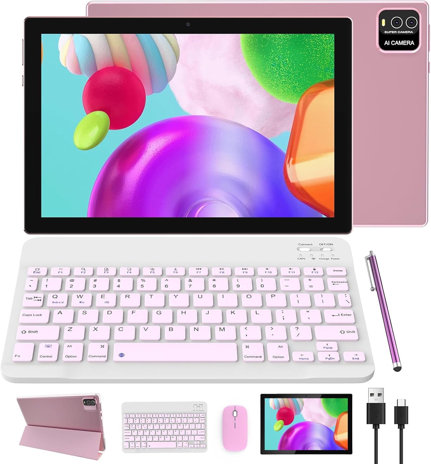 Android Tablet 2 in 1 Tablets 10 Inch Tablet with Keyboard Mouse Case Stylus Android 14 Tableta 8GB+64GB 1TB Expansion Computer 10.1 Tab 2MP+8MP Dual Camera 6000mAh Battery Bluetooth 5G WIFI Tableta.