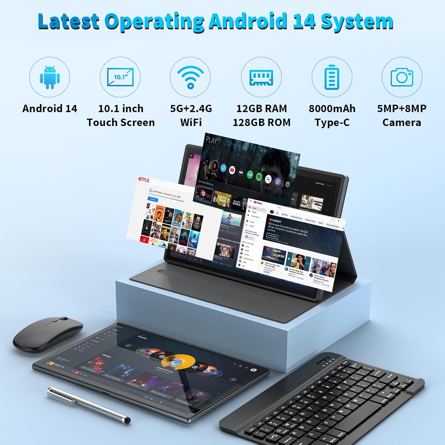 Android Tablet with Keyboard,10 inch Android 14 Tablets, 12GB RAM 128GB ROM, 1TB Expand, 8000mAh, 2.4G/5G WiFi, Bluetooth, GMS Certified, with Case, Mouse, Stylus Tablet PC(Black)