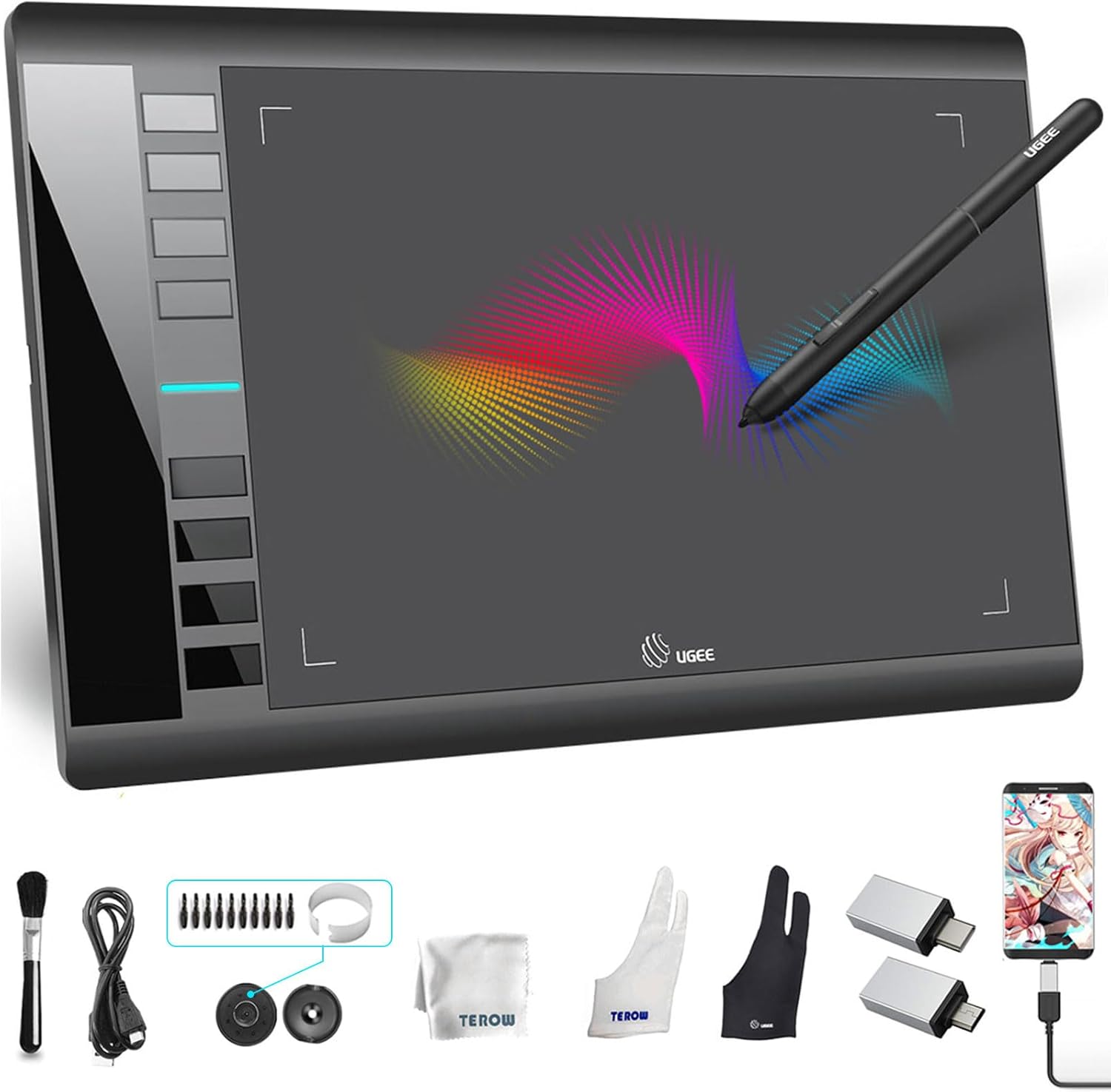UGEE Graphics Drawing Tablet, M708 V2 Upgrade Support Android Phone 10x6 Inch Ultra Thin Large Graphics Drawing Tablets Art Pad with 8 Hot Keys 8192 Level Battery-Free Stylus for Win Creation Sketch